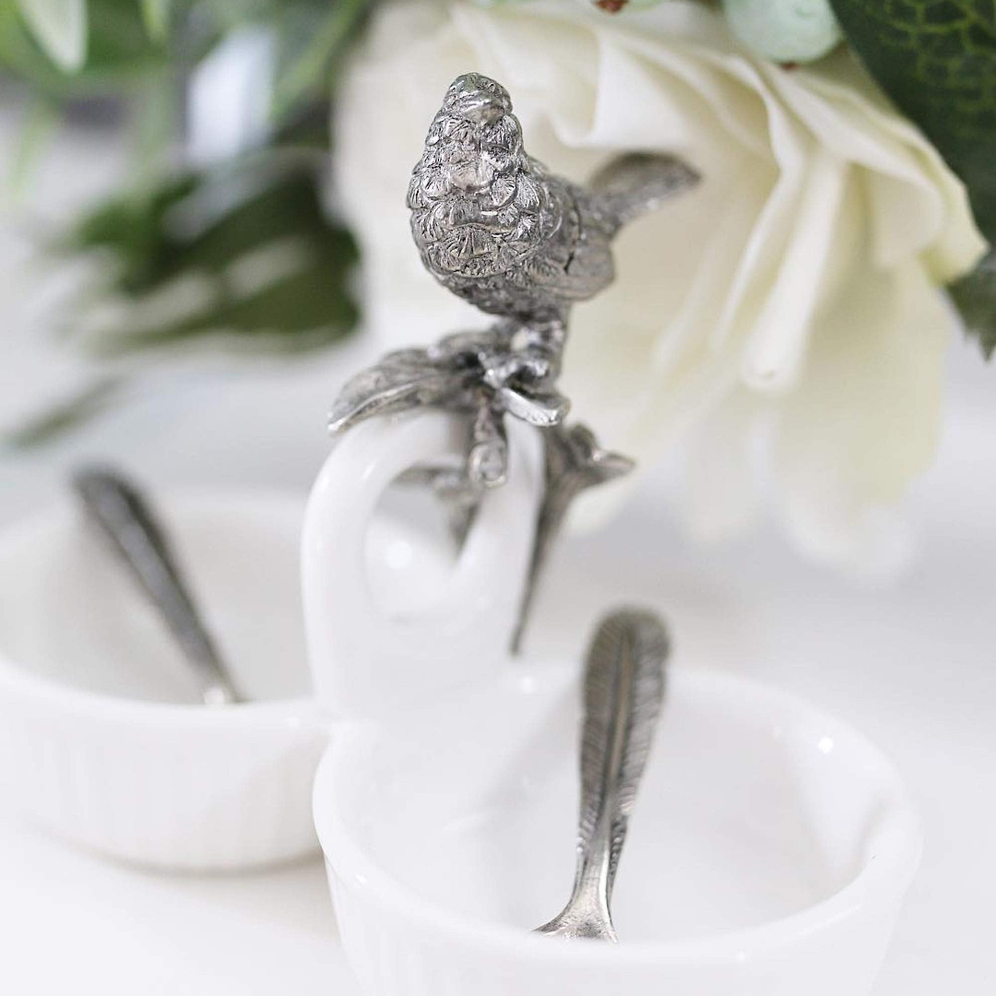 Vagabond House Song Bird Double Salt Cellar Spice Sauce Server And Place Card With Pewter Feather Spoons 2.5 Inch Tall 4.25 Inch
