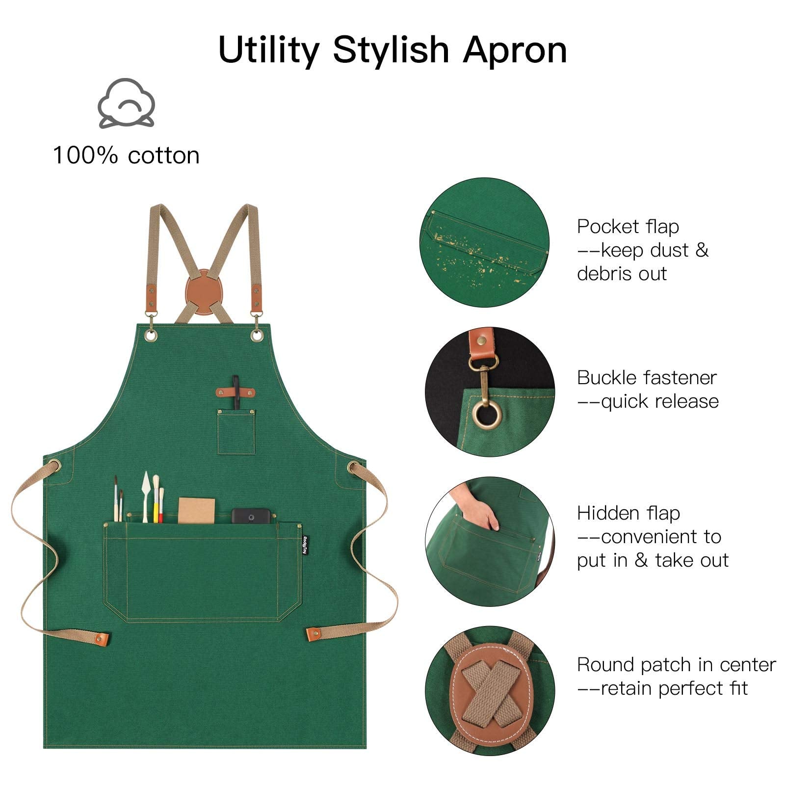 RockyToy Chef Apron with Pockets  Cotton Canvas Apron for Artists Painting  Kitchen Cooking for Men and Women  Adjustable Size S-XXL  Green