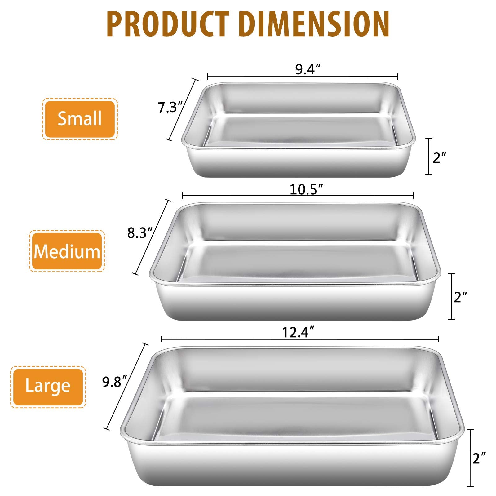 E-Far Baking Pans Set Of 3, Stainless Steel Sheet Cake Pan For Oven - 12.5/10.5/9.4Inch, Rectangle Bakeware Set For Cake Lasagna