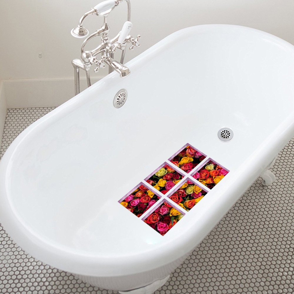 ChezMax Bath Treads Stickers Flower Pattern Square 3D Adhesive Anti Slip Tub Tattoos Safety Decals Mat Waterproof Shower Tub Sticker Bathtub Appliques for Bath Pools Home Decor 6 Pcs 5.9'' X 5.9''
