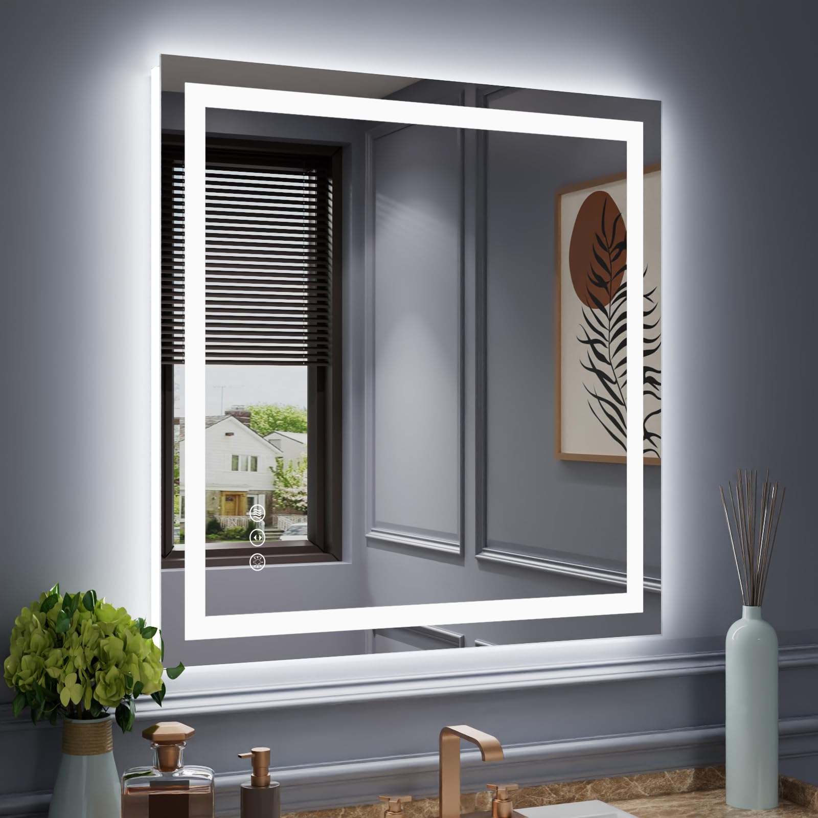 Amorho Led Mirror For Bathroom 40''X 38'' With Front Light And Backlit, Stepless Dimmable, Anti-Fog, Shatter-Proof, Memory, 3 Co