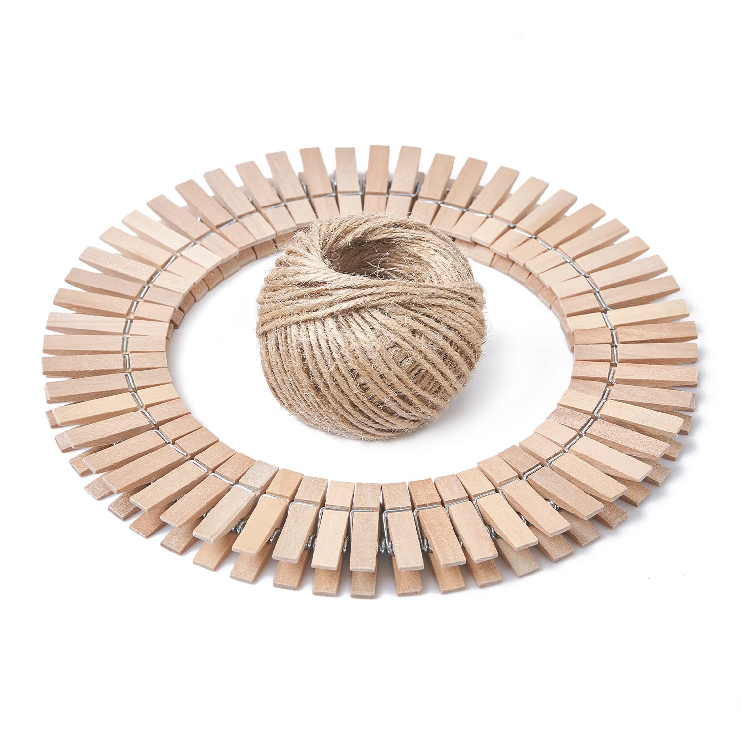Hstech 100 Pcs Mini Natural Wooden Clothespins And 82 Ft Jute Twine, Baby Clothes Pins, 3.5 Cm Craft Photo Clips For Home School