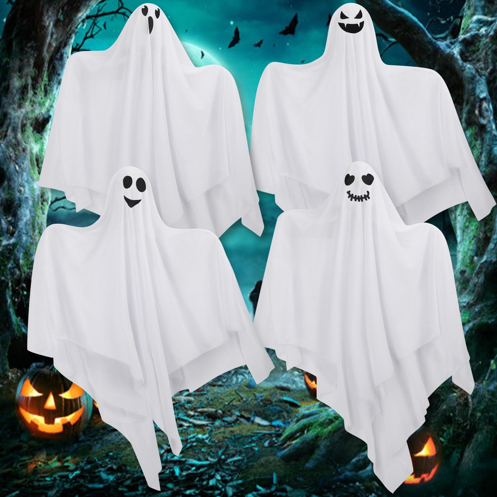 4 Pack Halloween Hanging Ghosts Decor, Hanging Halloween Decorations Outdoor, Halloweens Flying Ghost for Front Yard Porch Patio