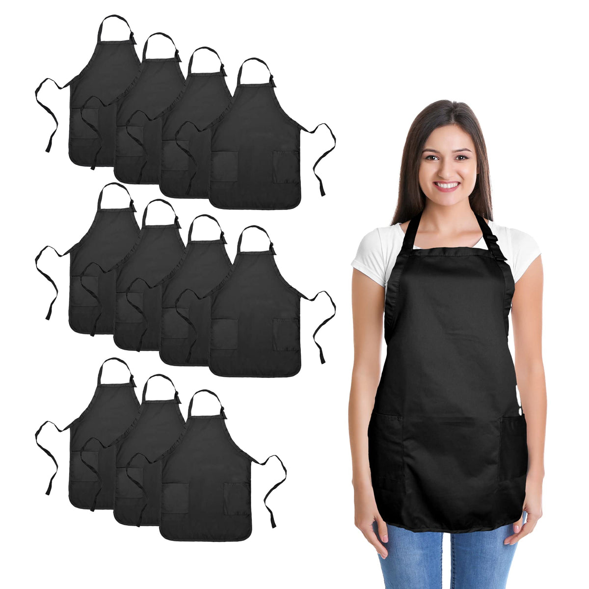 Dalix Apron Commercial Restaurant Home Bib Spun Poly Cotton Kitchen Aprons (2 Pockets) In Black 12 Pack