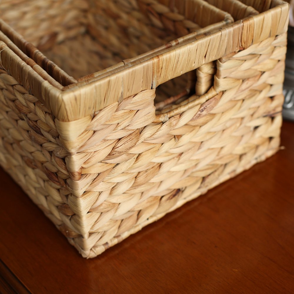 Storage Baskets,Woven Natural Water Hyacinth Box With Handle,Kingwillow.(Set Of 3)