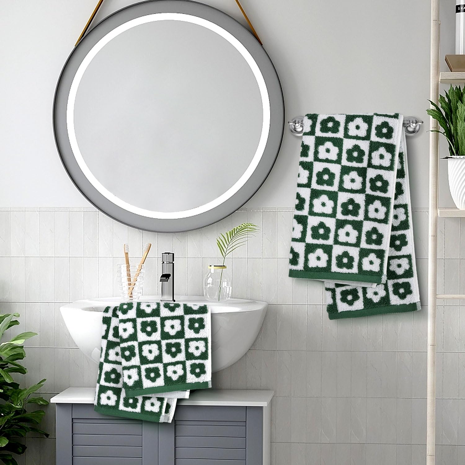 Jacquotha Hand Towels For Bathroom Checkered Floral - Set Of 4 Soft Cotton Terry Towel For Kitchen Spring Decor Spa Gym Gifts 13