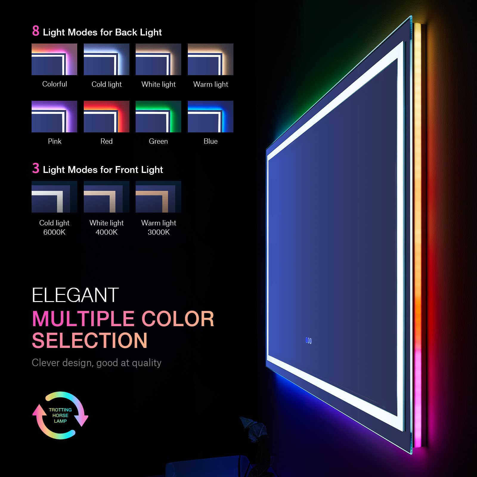 Loaao 60   X30 Rgb Led Bathroom Mirror With Lights For Bathroom, Anti-Fog, Dimmable,Multiple Light Modes, Rgb Backlit + Front Li