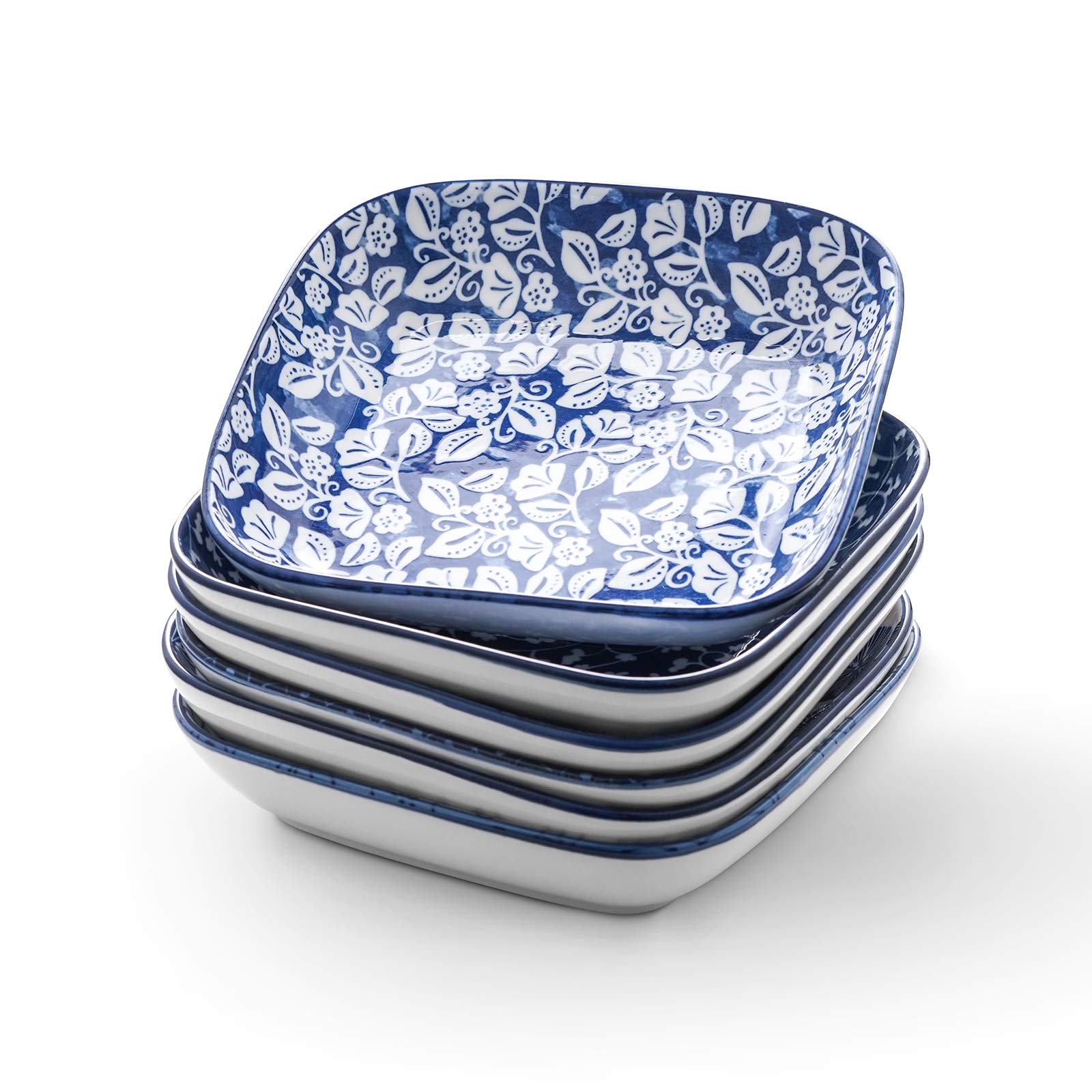 Selamica Porcelain 8-Inch Square Dinner Plates, Salad Pasta Bowls, Set Of 6, Vintage Blue