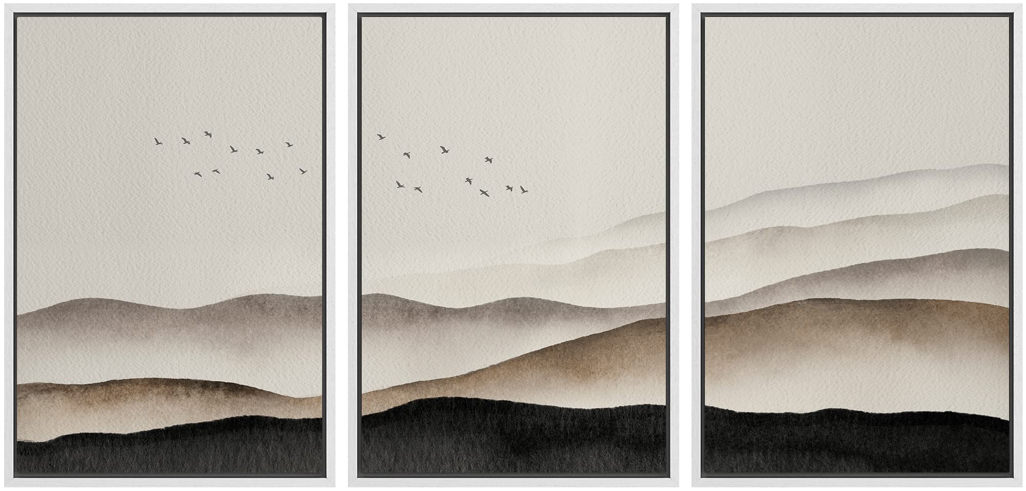 Signwin Framed Canvas Print Wall Art Set Brown Watercolor Misty Mountain Sky Nature Wilderness Illustrations Modern Art Decorati