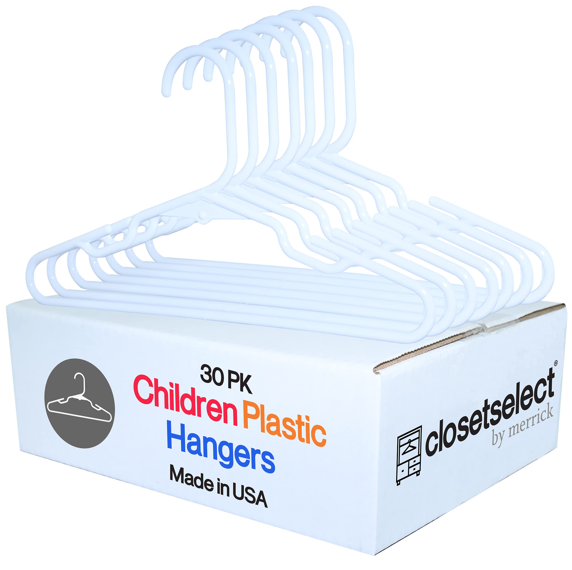 30 Pk Kids Children Hangers Plastic Made In Usa, For Children, Infant, Toddler, Baby Clothes, White, 30 Pack Non-Slip