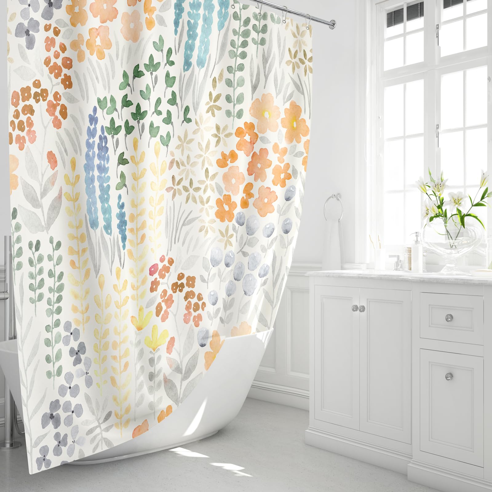 Mayzus Colorful Floral Shower Curtain 60X72, Orange Boho Flower Fabric Shower Curtain, Cute Funky Watercolor Wildflower Shower C