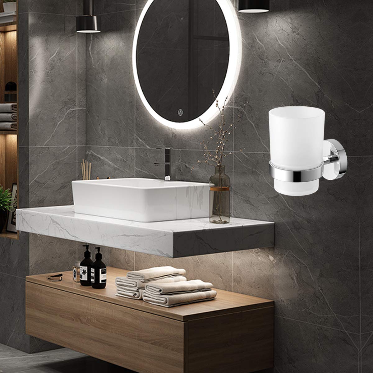 Puloita Wall-Mounted Toothbrush Holder With Frosted Glass Cup Set For Toothbrushes,Toothpaste (Single)