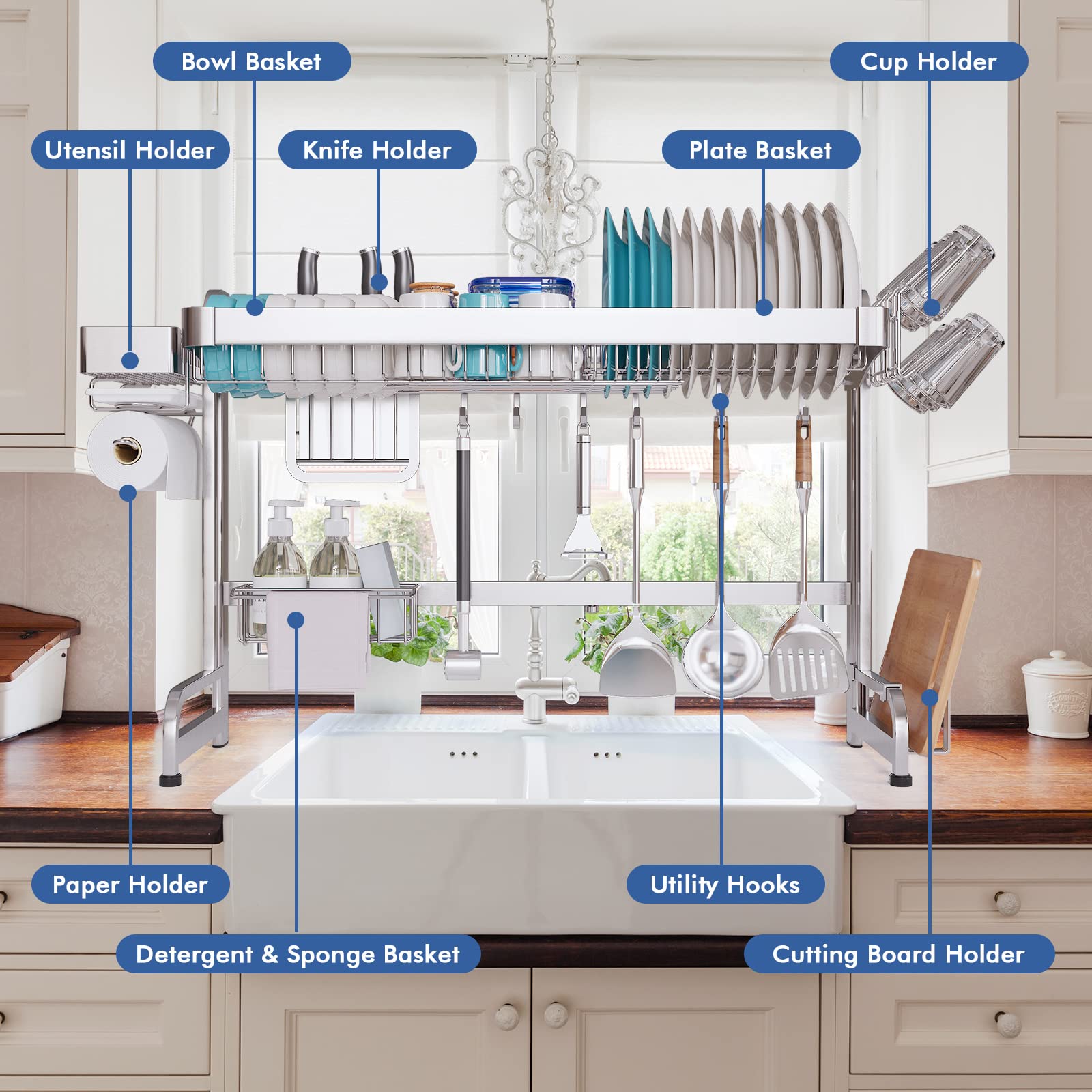 Livod Over The Sink Dish Drying Rack, 2 Tier Over Sink Dish Drying Rack Width Adjustable(25.6-37.6In), Durable Stainless Steel D