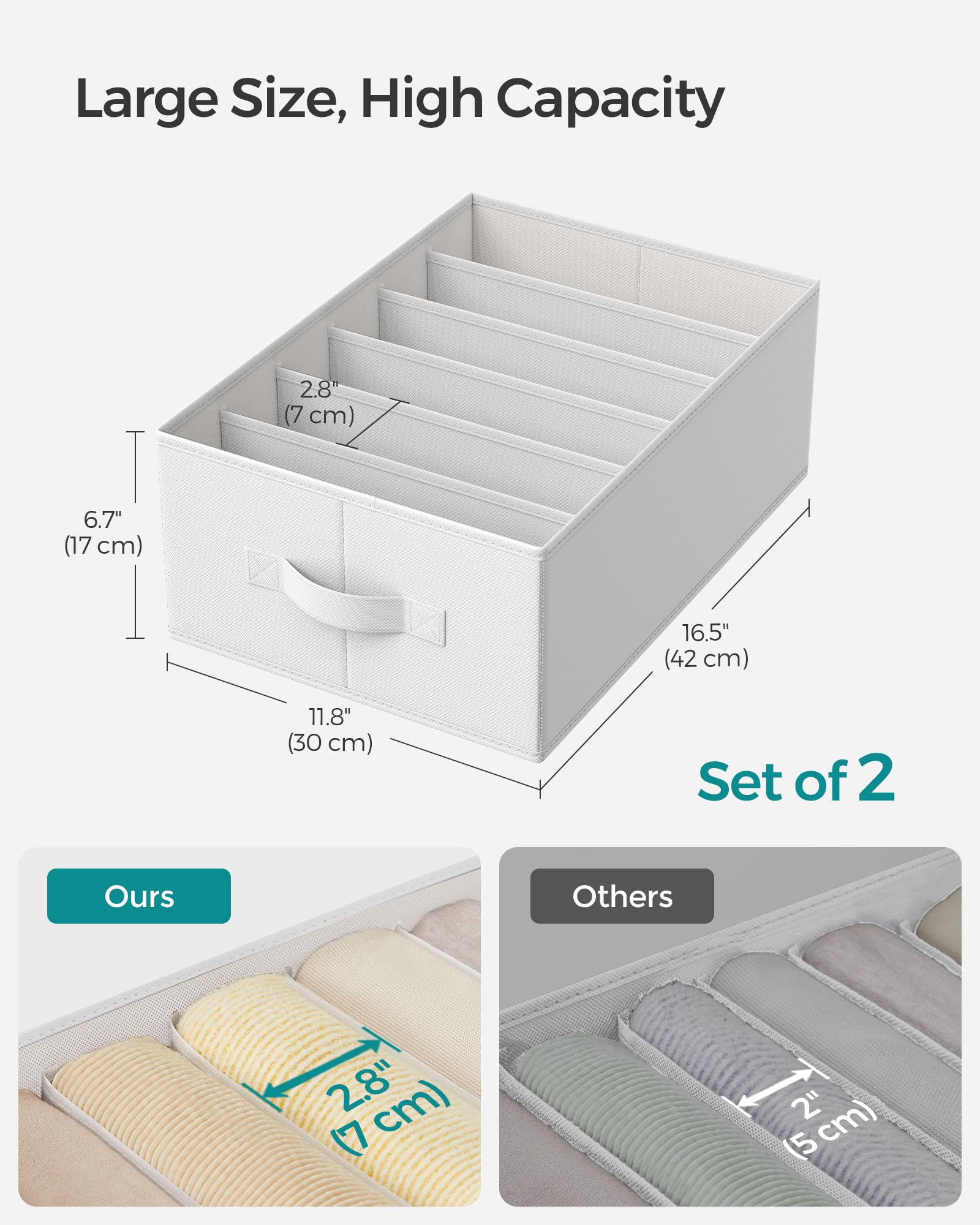 SONGMICS Set of 2 Large Size Wardrobe Clothes Organizers, 6-Compartment Foldable Drawer Organizers with Handles, 16.5 x 11.8 x 6