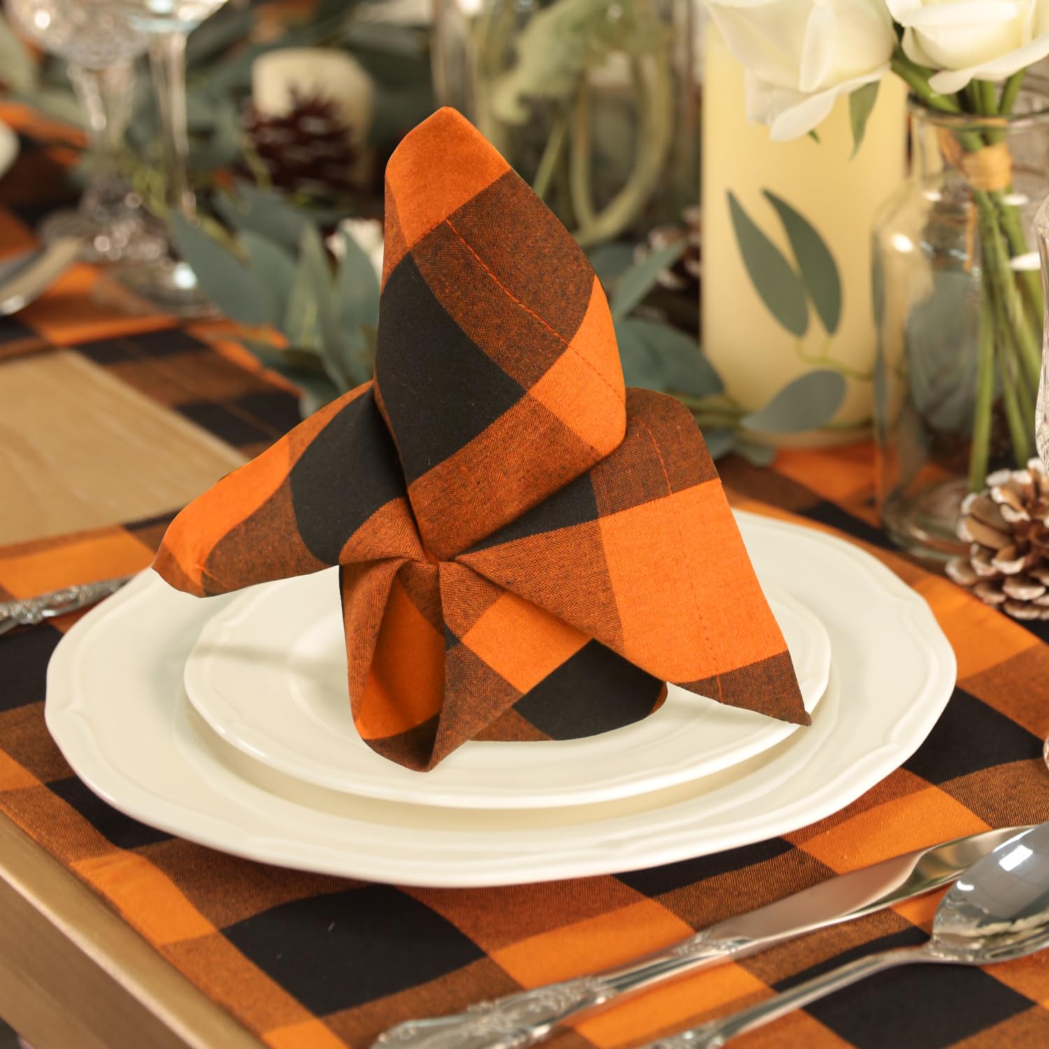 Betric Halloween Cotton Blend Buffalo Plaid Table Napkins (Set Of 12), 20 X 20 Inch Washable Dinner Napkins, Buffalo Checks Clot