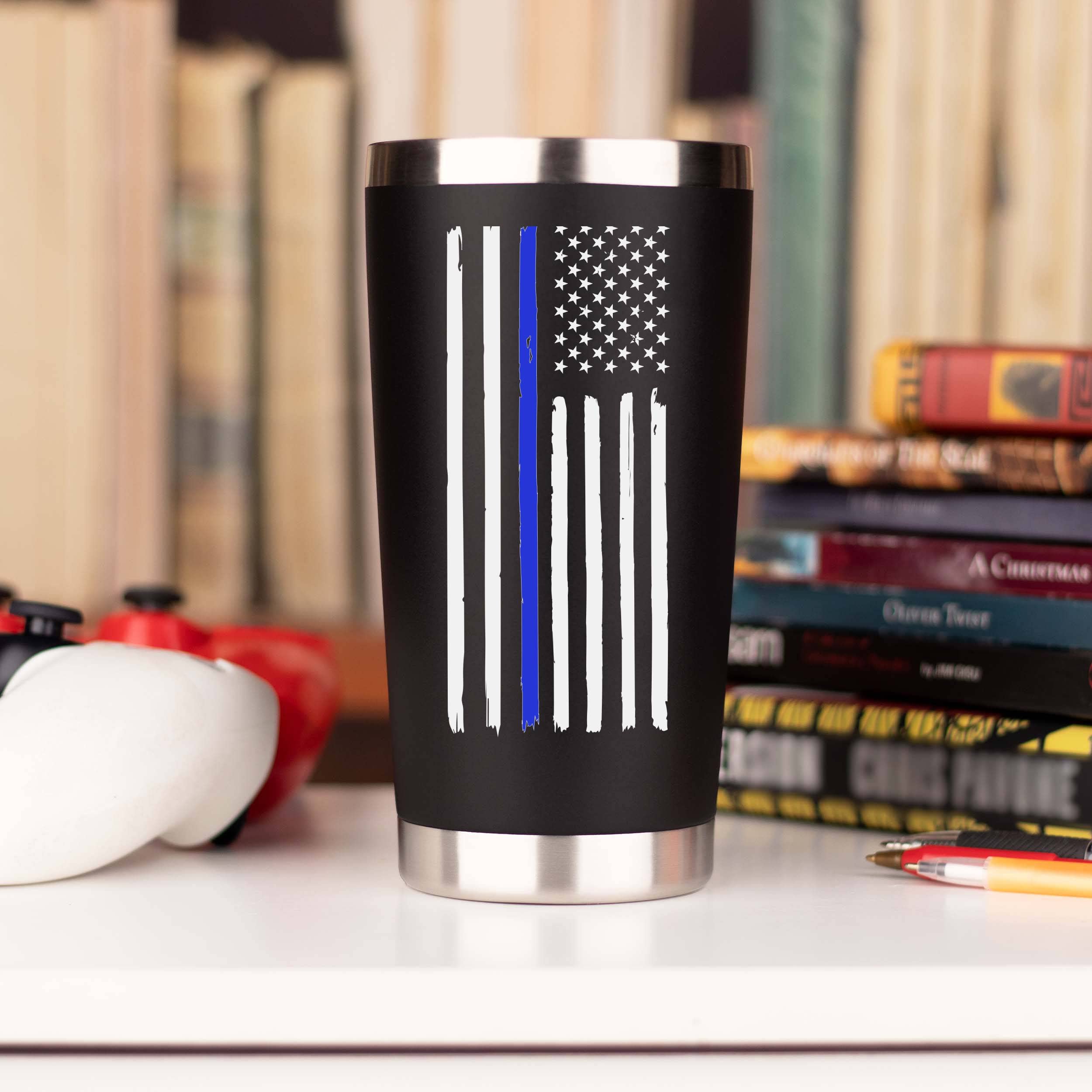 Jenvio Thin Blue Line Police Tumbler | Stainless Steel Travel Mug Including 2 Lids 2 Straws Gift Box For Coffee Cup | Correction