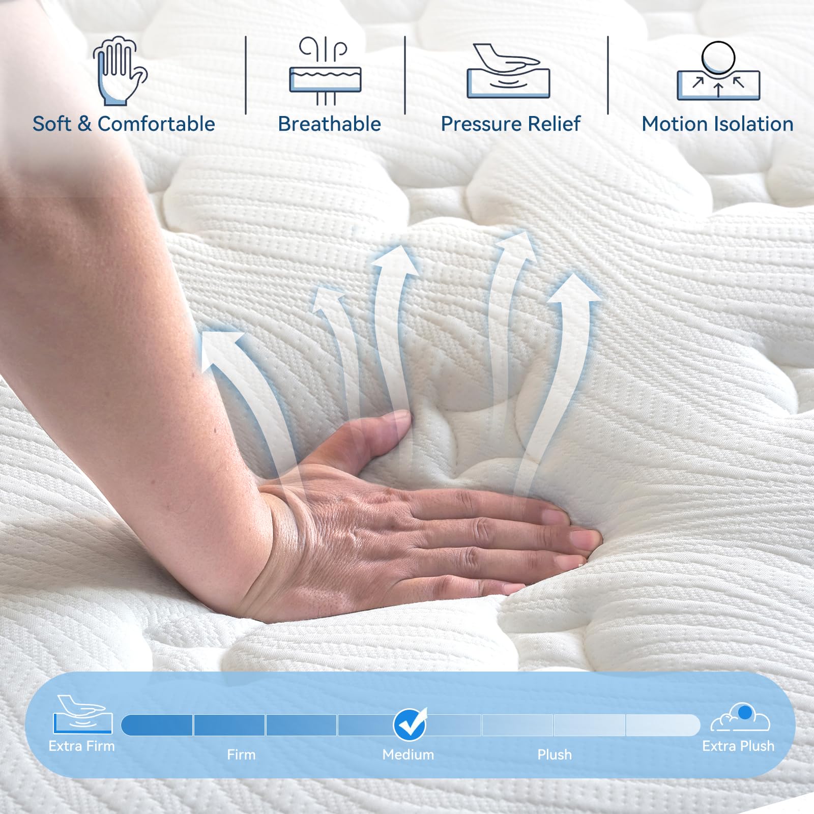 Juego King Mattress 12 Inch Hybrid Memory Foam Mattress King Size Bed In A Box, White