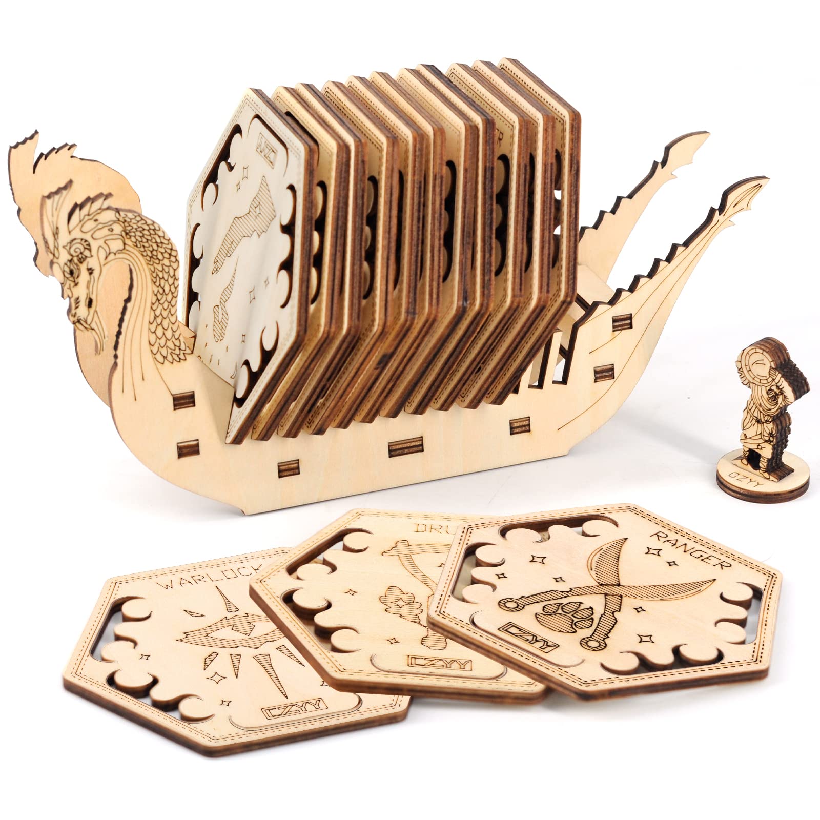 D&D Class Coasters Set Of 14 With Holder Hexagon Gaming Mug Mats Wooden Laser Engraved Dnd Classes Icons Gift For Dungeons And D