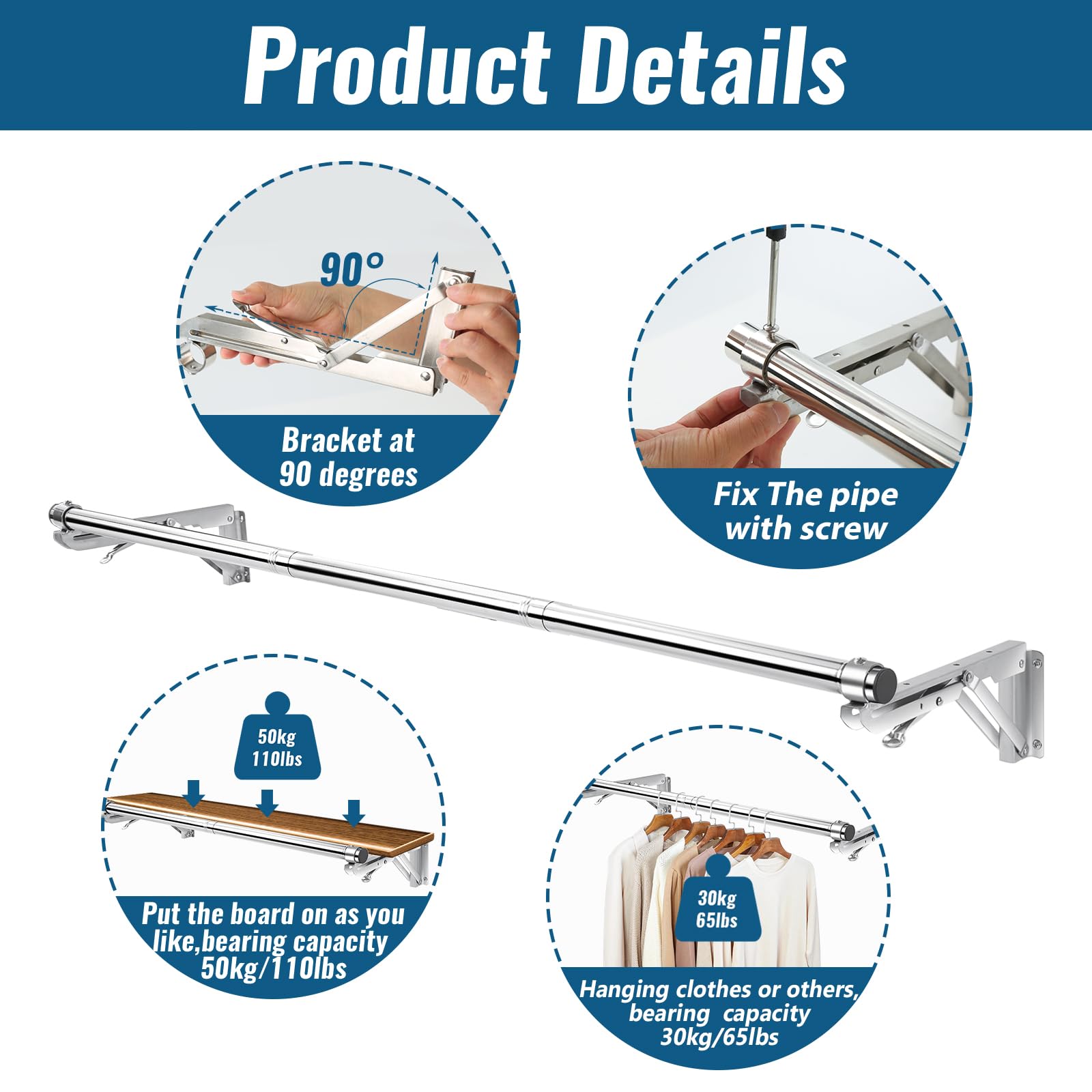 Foldable Wall Mounted Clothes Rack-44'' Long Rod&2 Bases,Stainless Steel, Heavy Duty,Detachable,Multi-Purpose For Space-Saving G