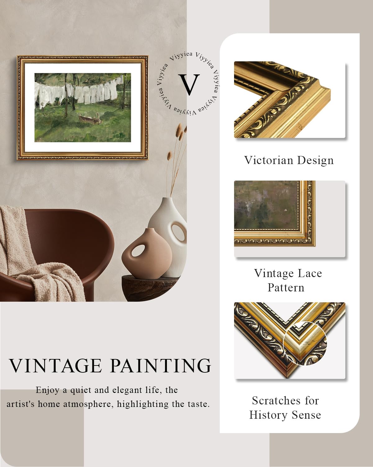 Viyyiea Gold Framed Wall Art Canvas Print Home Decor Vintage Laundry R ...