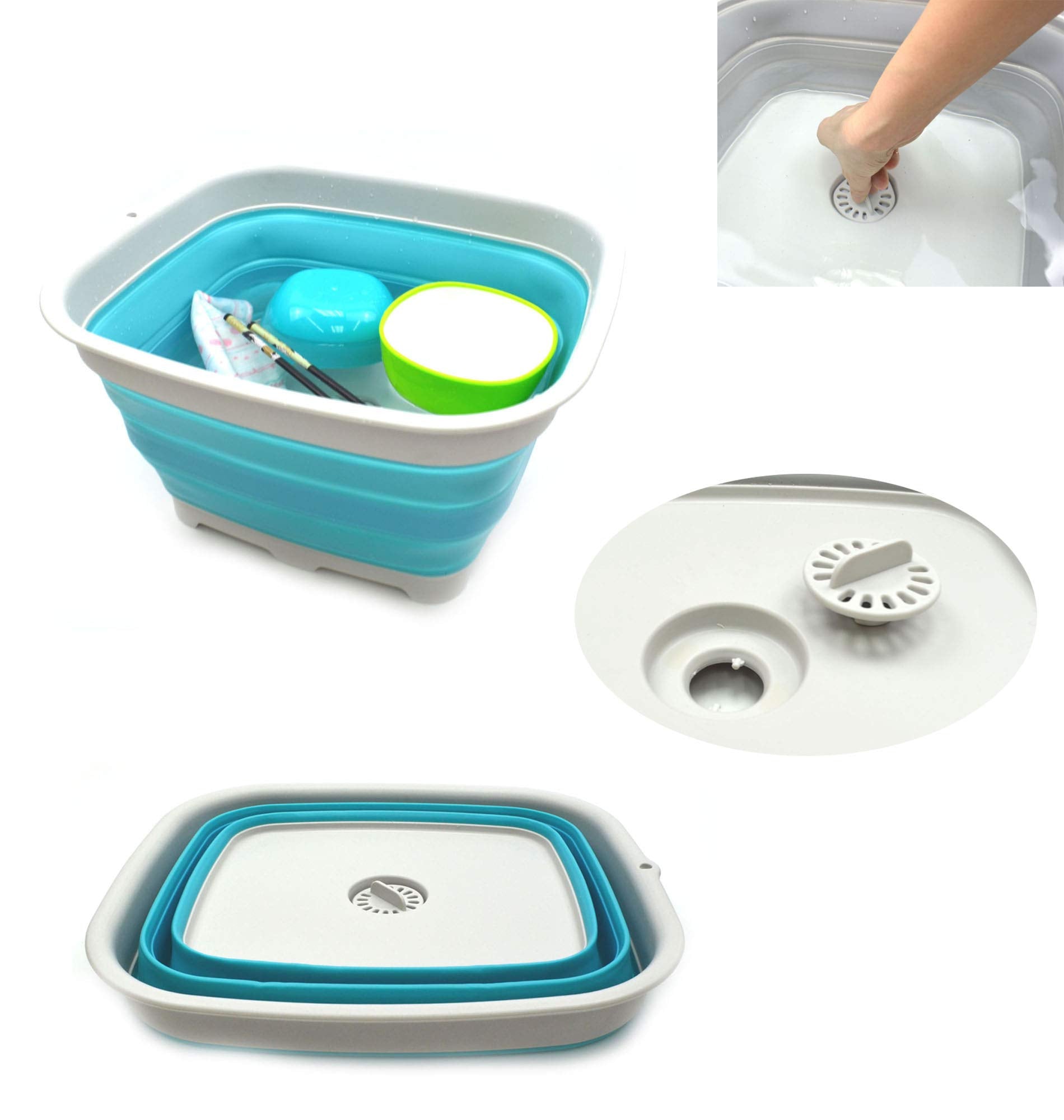 Sammart 15L (3.9 Gallon) Collapsible Plastic Dishpan With Draining Plug - Foldable Washing Basin - Dish Washing Tub - Washing Up