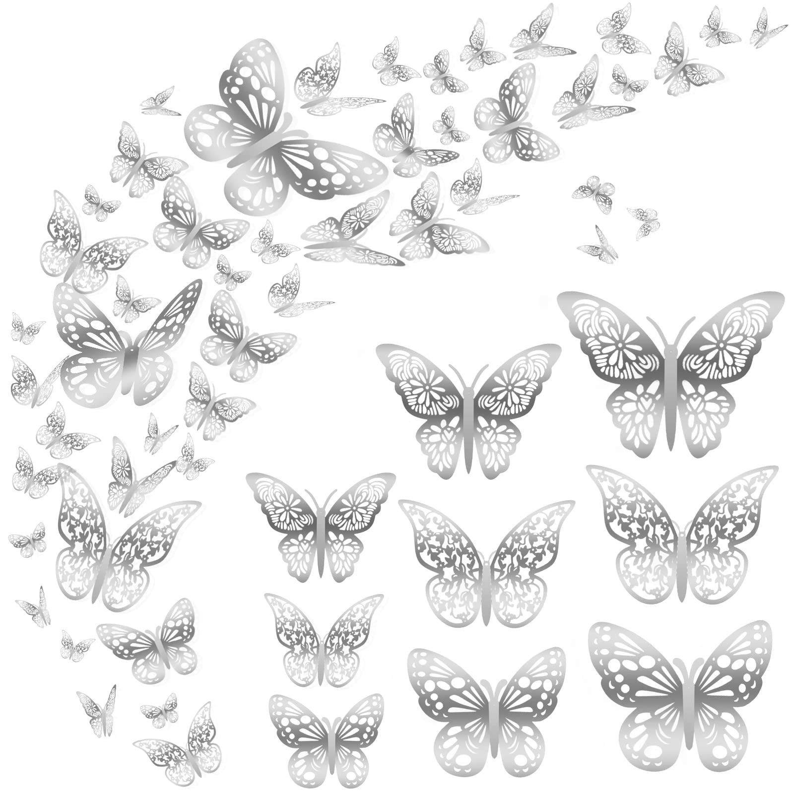 Nelotaor 36 Pcs Butterfly Wall Decor, 3 Styles 3 Sizes 3D Butterfly, Silver Butterfly, Wedding Decorations, Birthday Party Decor