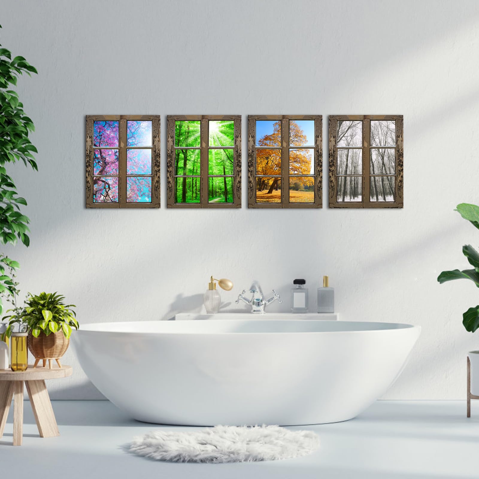 Ihappywall 4 Seasons Modern Landscape Window Frame Style Wall Decor Spring Summer Autumn Winter Season Changes Forest With Sunsh