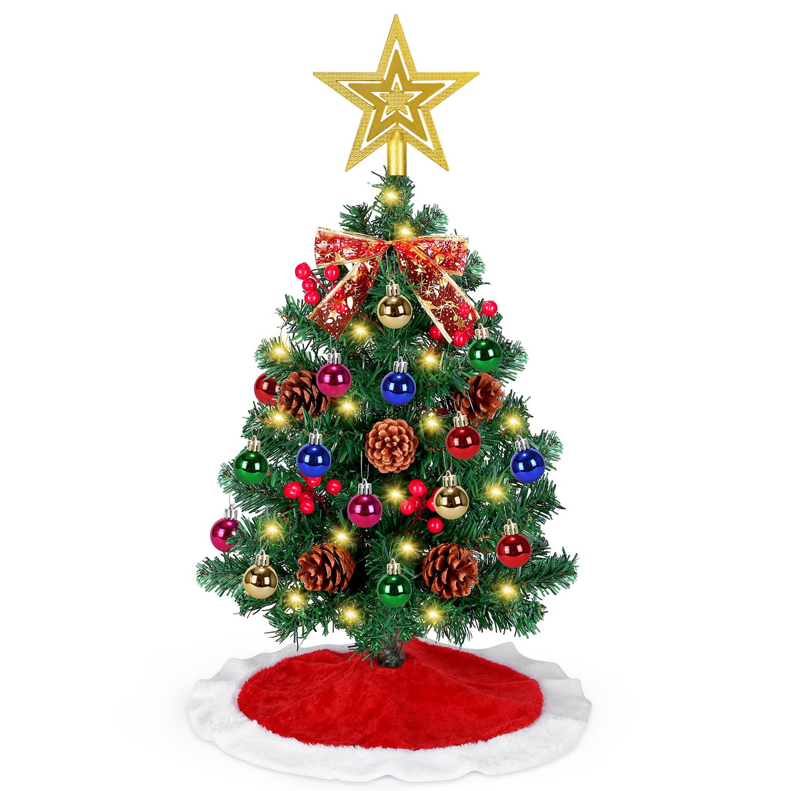 24 Inch Small Tabletop Christmas Tree with Tree Skirt, Christmas Pine Tree with 50 LED Lights, Star Treetop and Ornaments, Artif