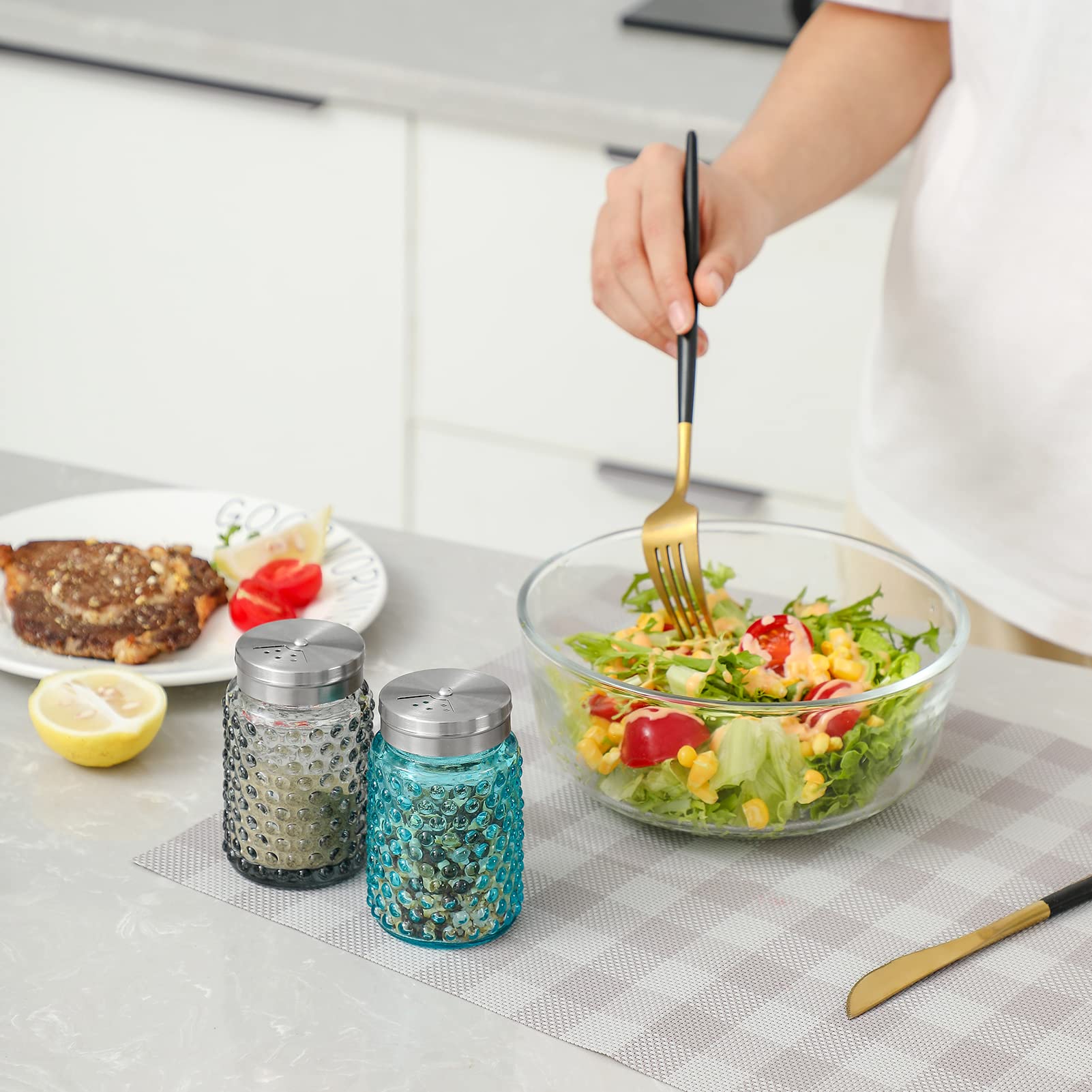 Everest Hobnail Salt And Pepper Shakers Glass Set Of 2, 4.0 Oz With Salt Shaker Adjustable Stainless Steel Lid-Glass Spice Jars,