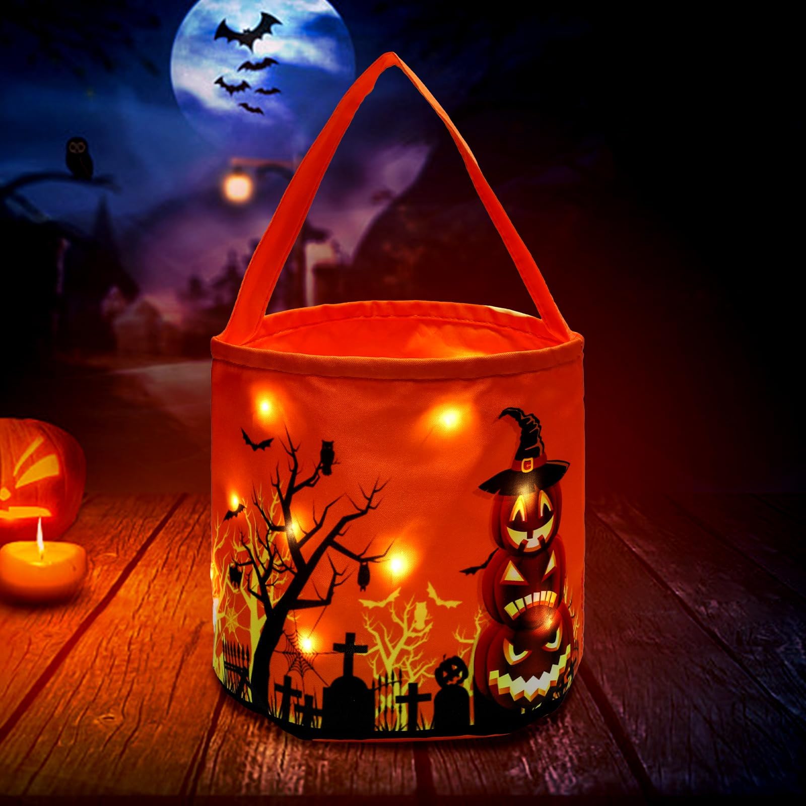 Halloween Trick Or Treat Candy Bags Led Light Up Pumpkin Bucket, Collapsible Reusable Candy Basket, Fabric Tote Gift Goody Bags