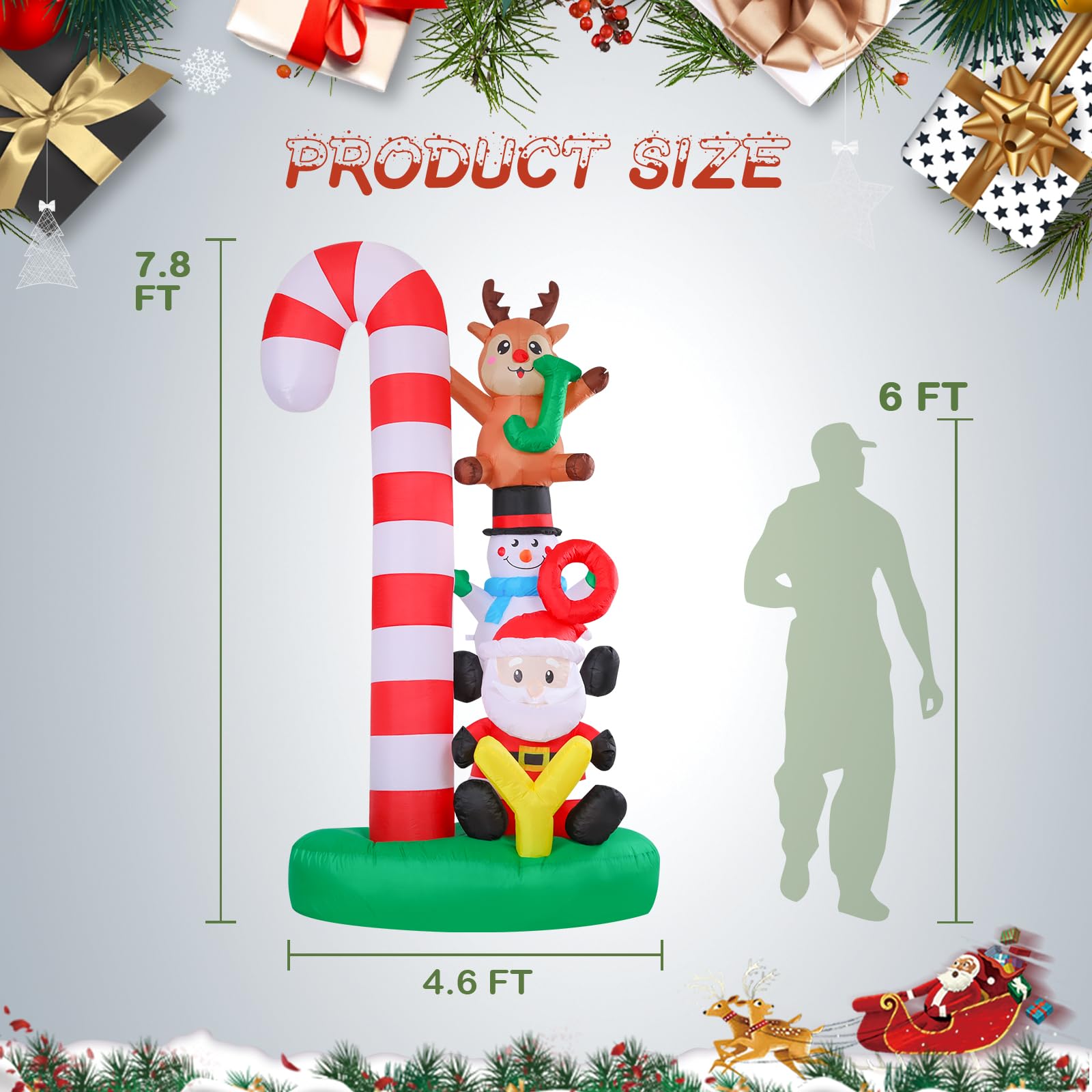Risenor 7.8 FT Height Christmas Inflatables Candy Cane with Santa Snowman Reindeer Outdoor Decorations, Inflatables Christmas Bl