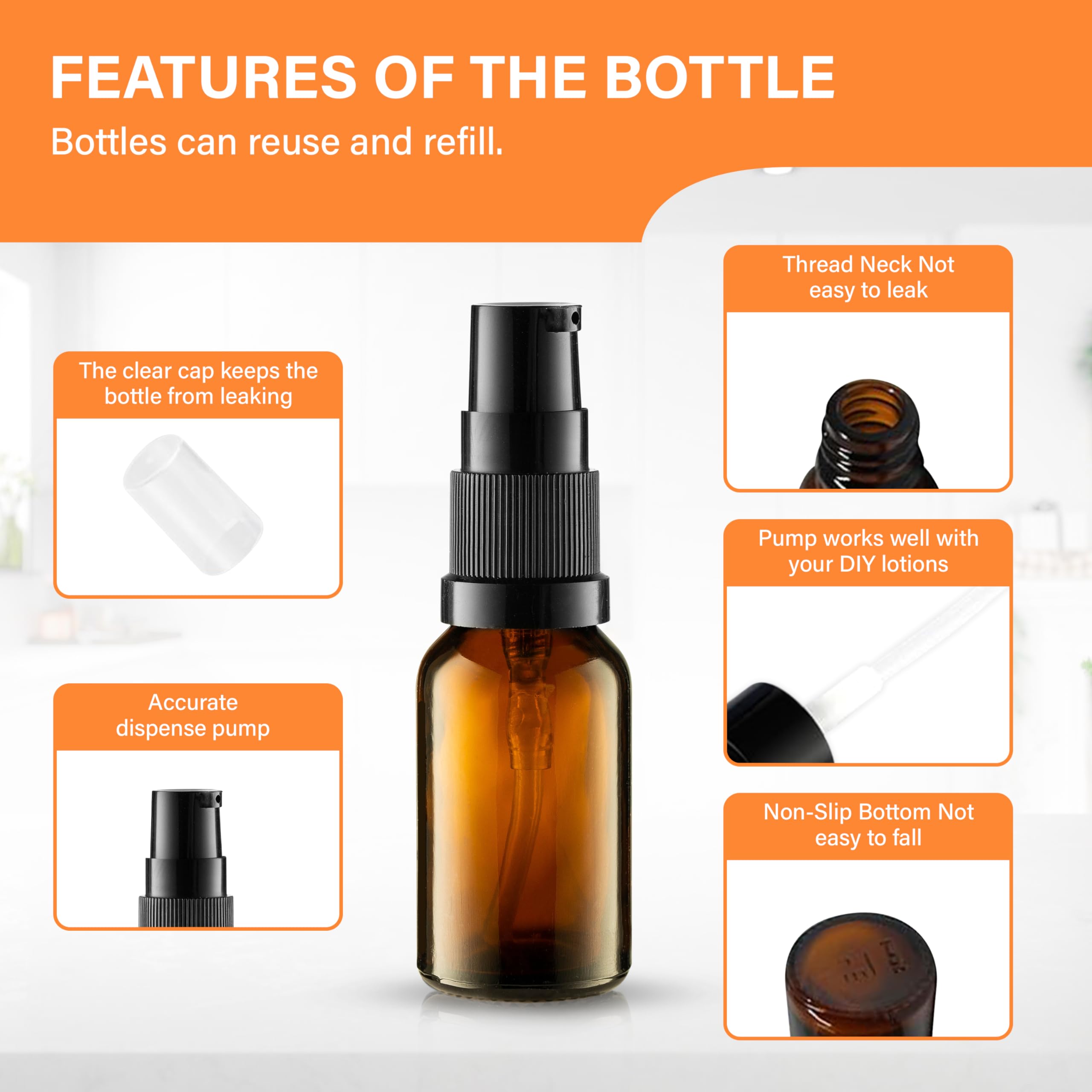 Vitalup 5 Pack Empty Refillable Glass Amber Pump Bottle Ideal For Lotion Cream Essential Oil Travel Small Container,15Ml