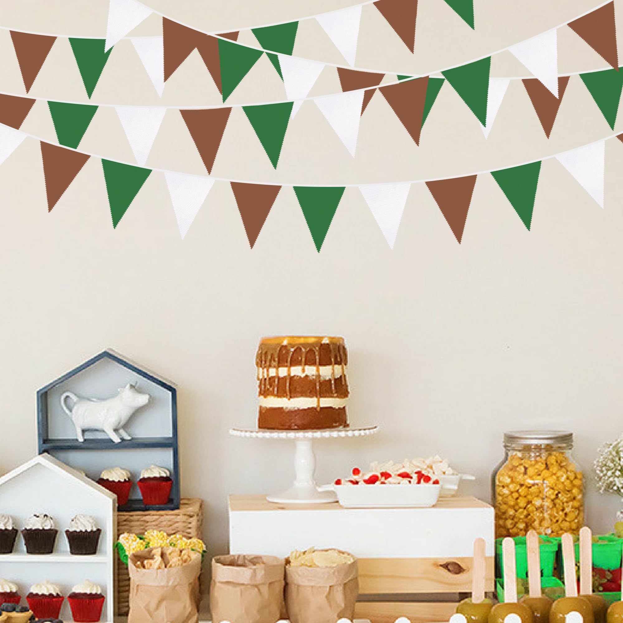 32Ft Green Brown White Party Decorations Brown Green Pennant Banner Fabric Triangle Flag Bunting Garland Streamers For Football