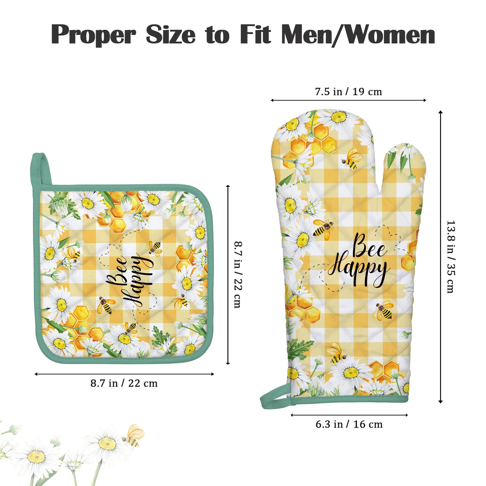 Arquiel Bee Daisy Oven Mitts And Pot Holders Sets 100% Cotton Heat Resistant, Extra Long Oven Gloves Potholder For Kitchen Cooki
