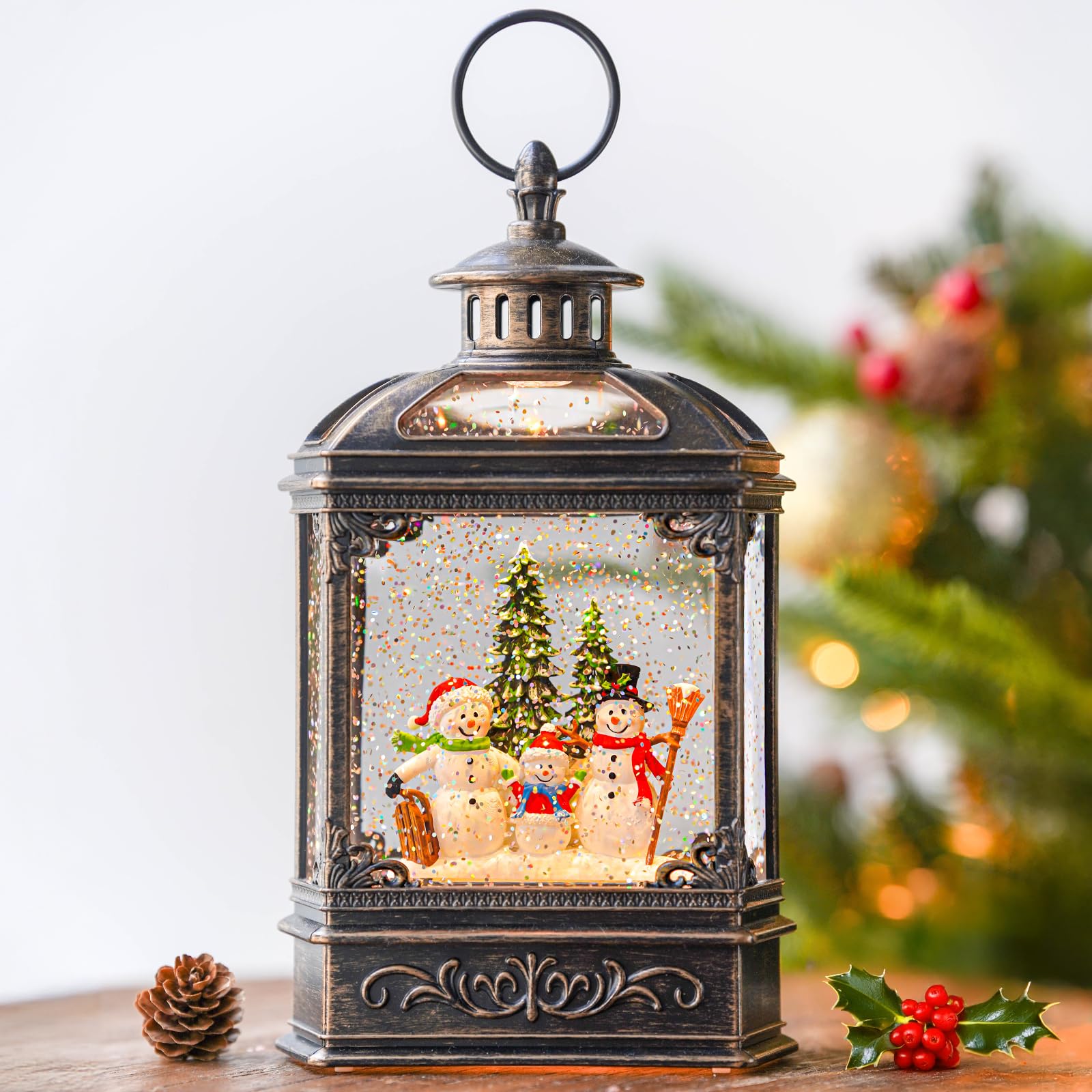 Christmas Snow Globe Lantern Water Glittering Snowman Family with Music & Timer, USB Lined/Battery Operated Lighted Lantern for