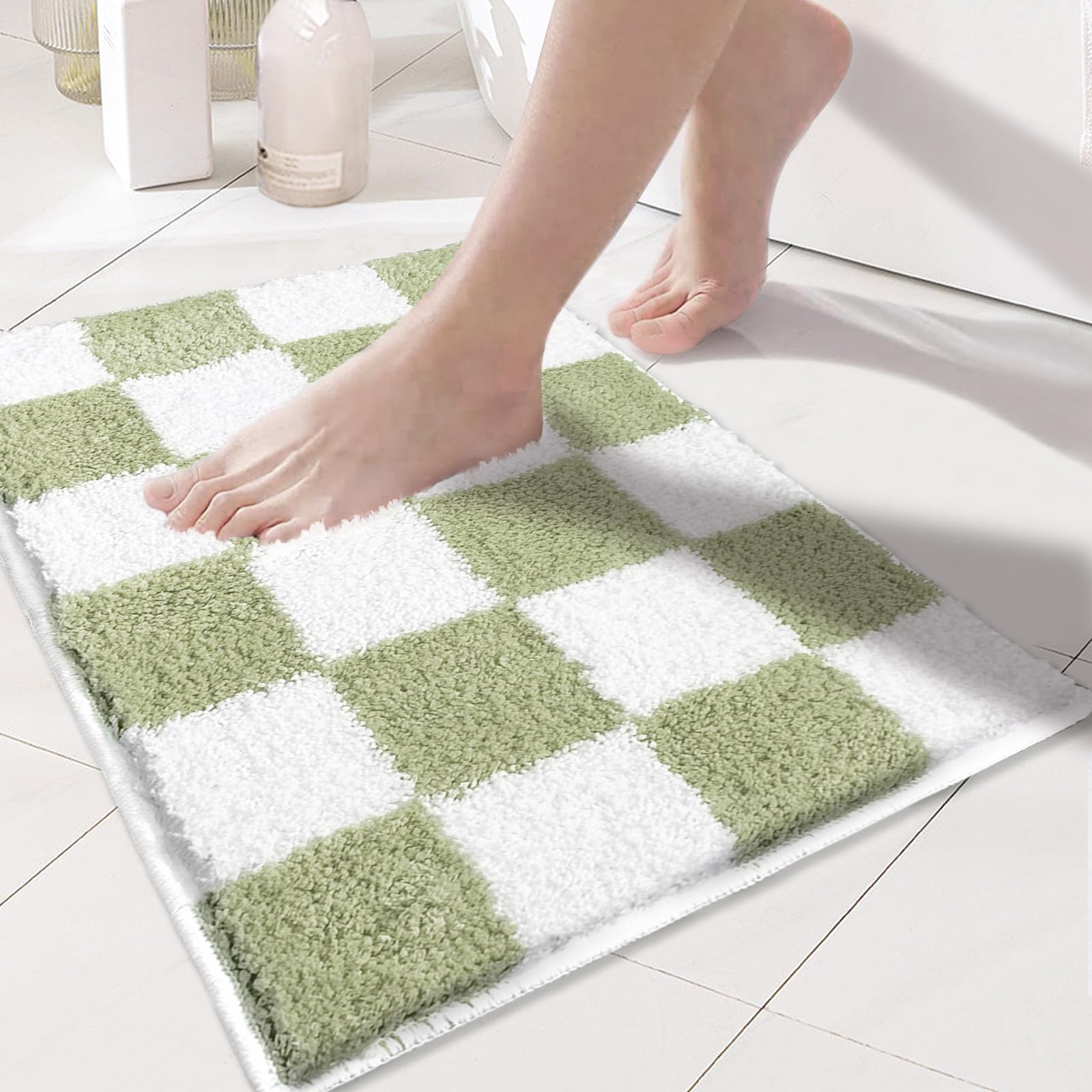 Tititex Luxury Sage Green White Checkered Grid Bathroom Rug, 16''X24'' Classic Checkerboard Extra Soft And Absorbent Microfiber