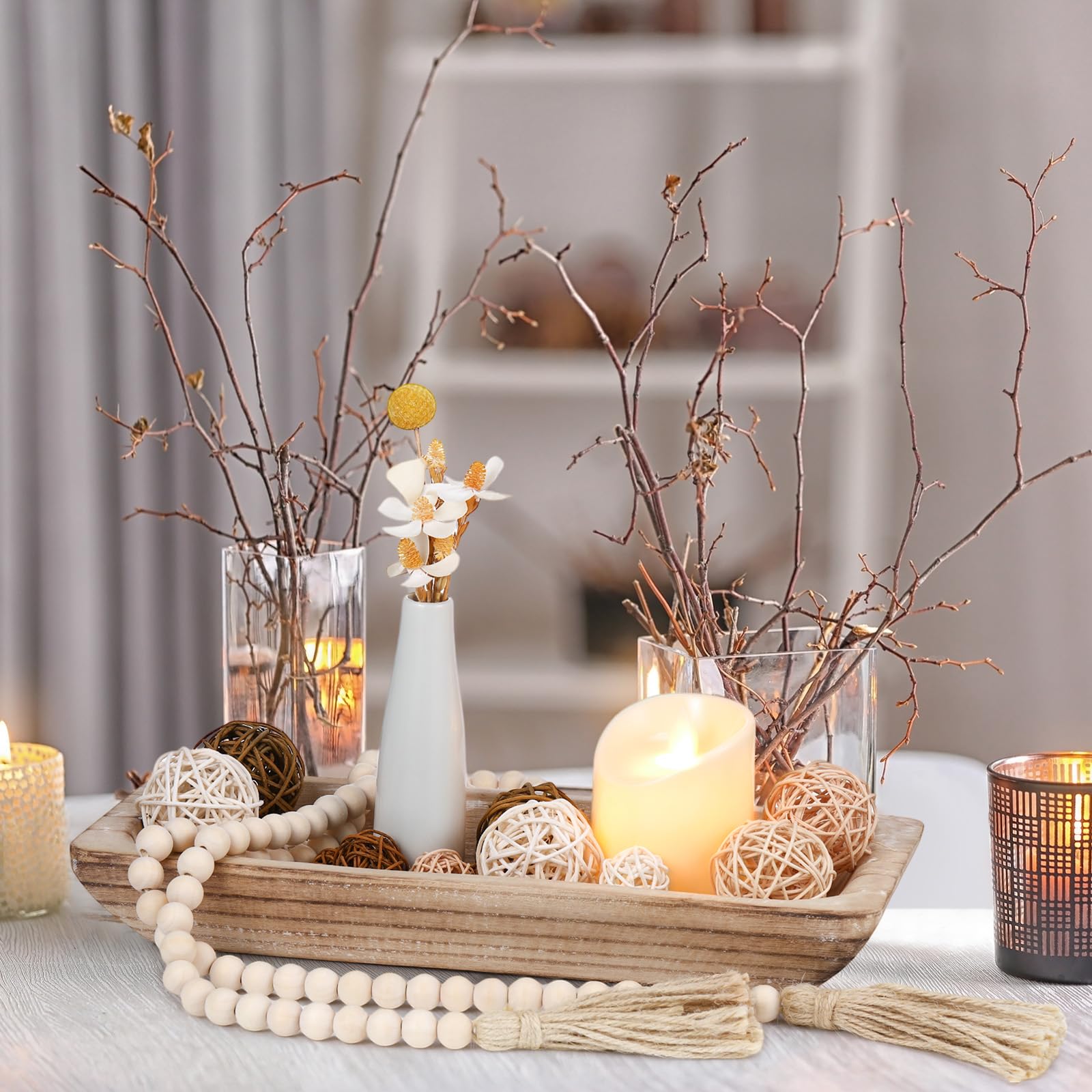 Teenyyou 17 Pcs Wooden Centerpiece Table Decorations Wood Dough Bowl Wicker Rattan Balls Beads String with Tassel Natural Decora
