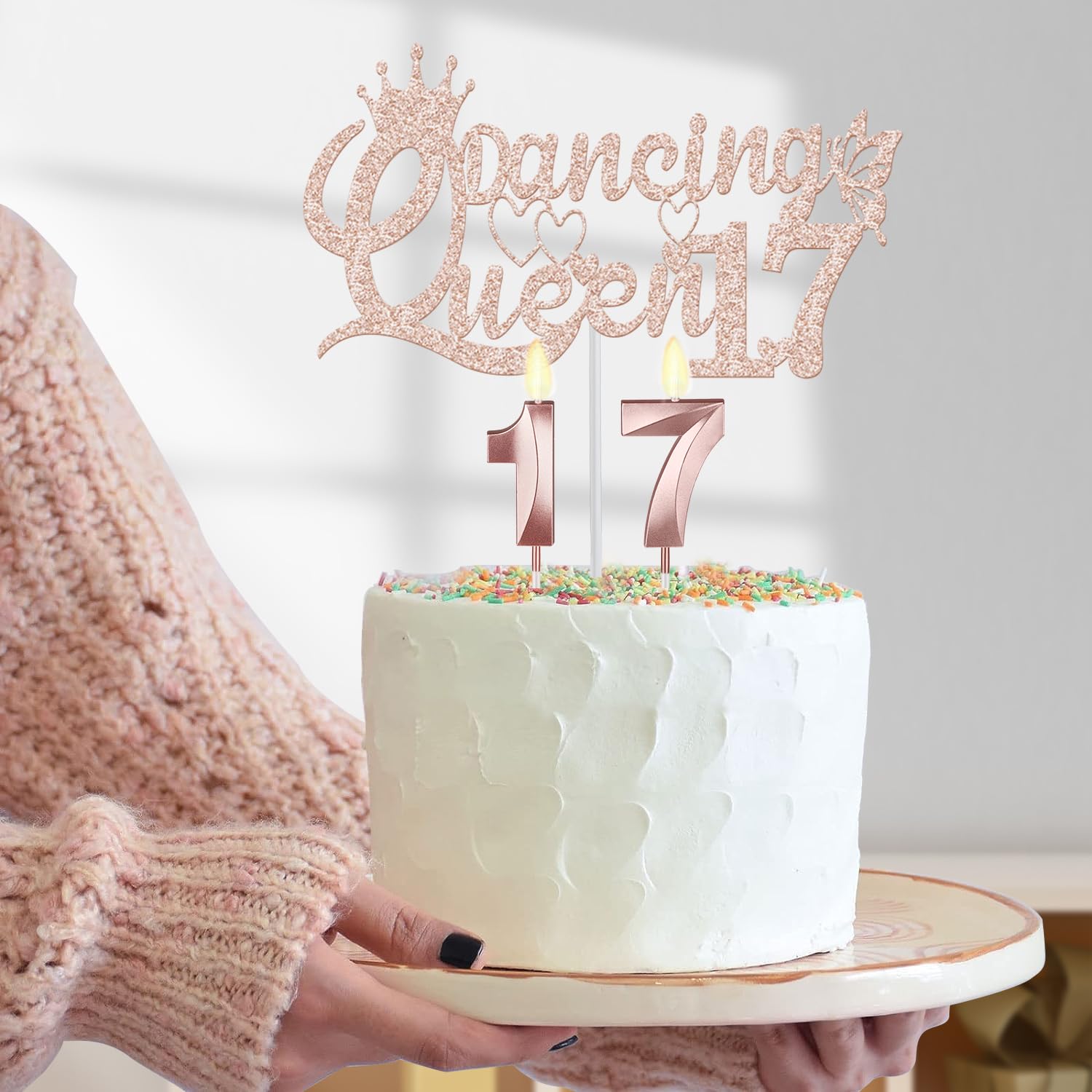 Dancing Queen Party Decorations 17 Rose Gold With 17Th Dancing Queen Sash And Tiara, 17Th Birthday Cake Topper And Candles, 17 N