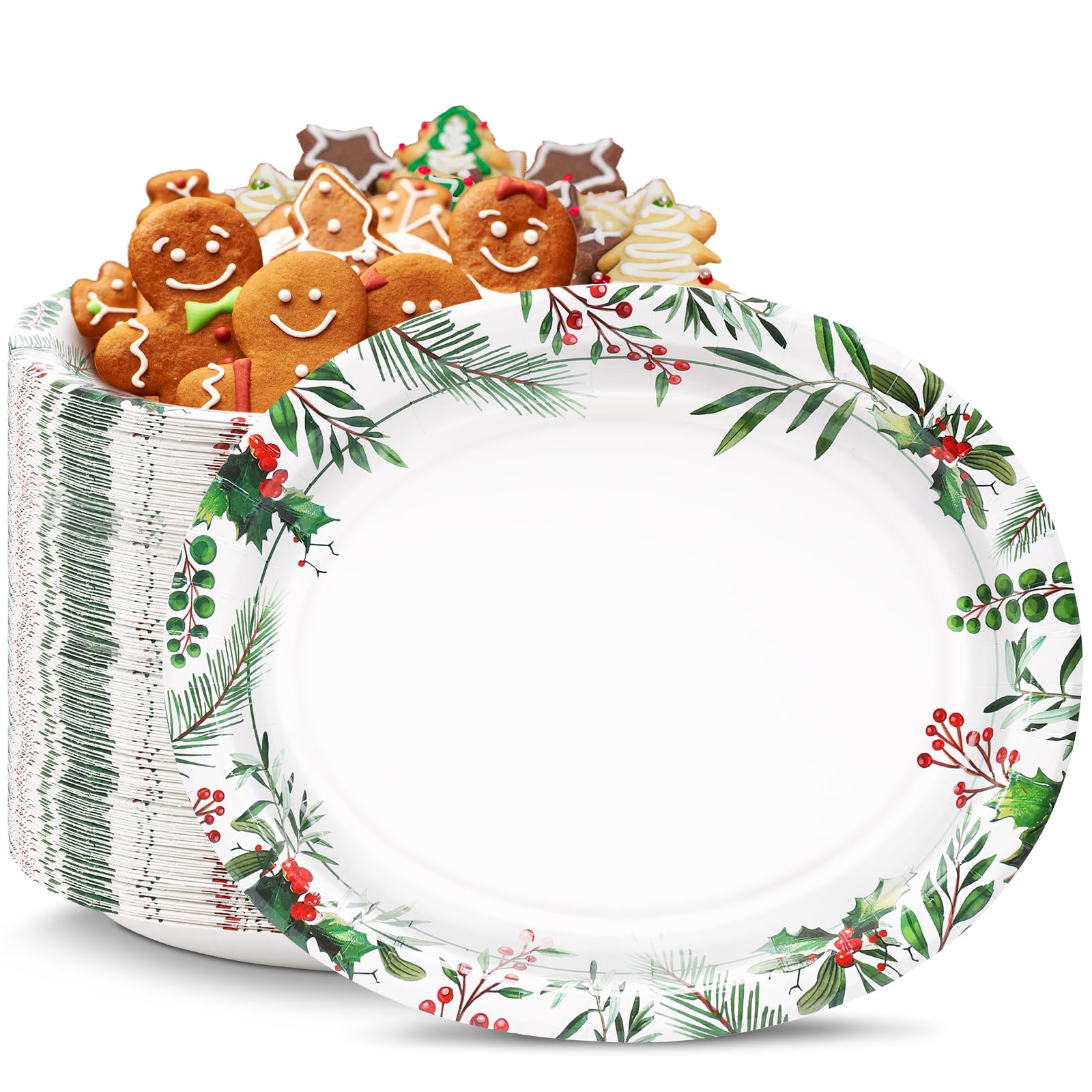 VEIZEDD 50 Count Oval Christmas Plates, 12x10 Heavy Duty Paper Plates with Holly Leaves Red Berries for Xmas Holiday Wedding Gre