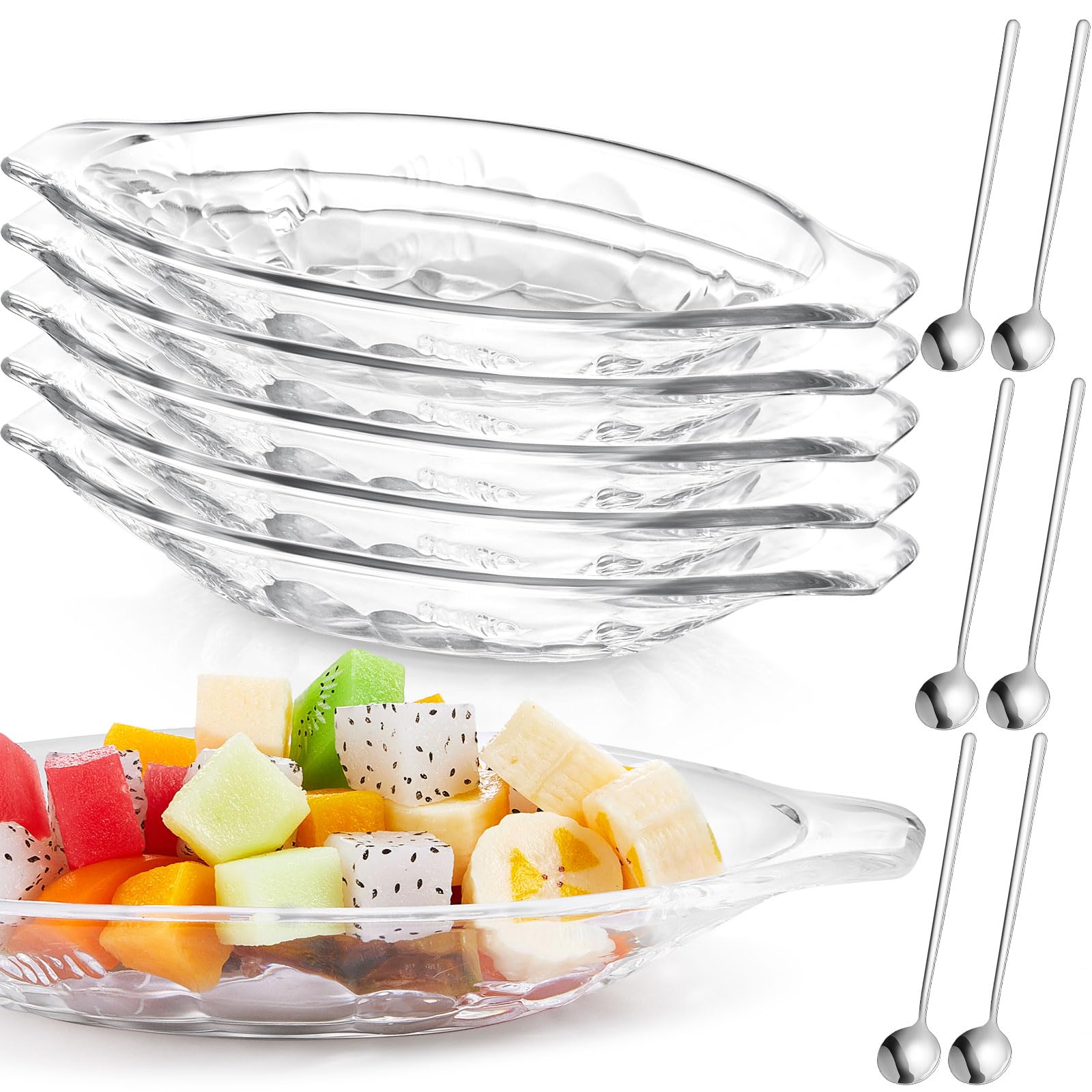 Mumufy 6 Pcs Acrylic Banana Split Bowls Ice Cream Dishes 6.3 Oz With 6 Pcs Stainless Steel Spoons Banana Split Boat Clear Servin