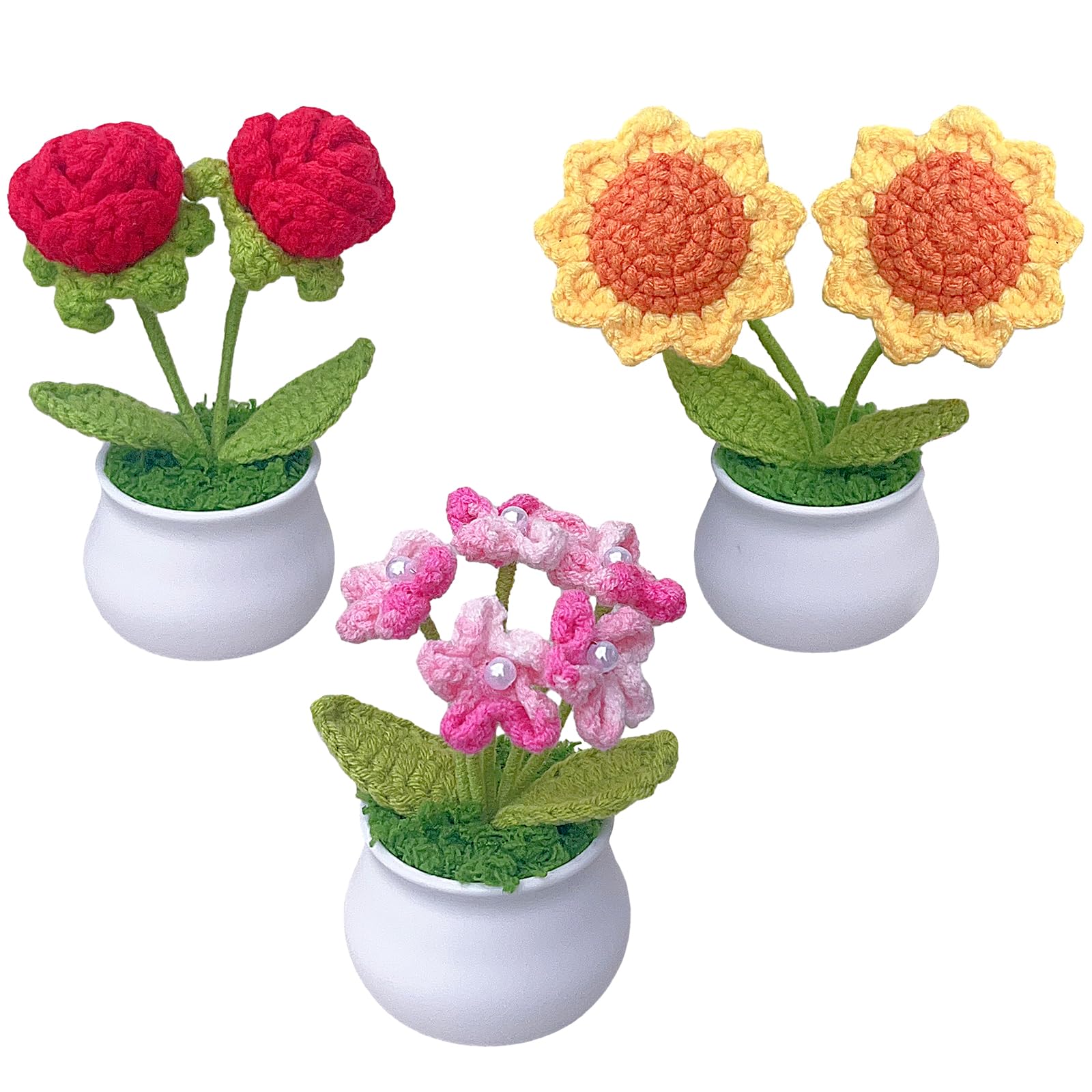 3pcs Crochet Flower Pot, Sunflower Red Rose Forget Me Not Small Potted Flowers, Mothers Day Valentines Gifts for Mom Wife, Cute 