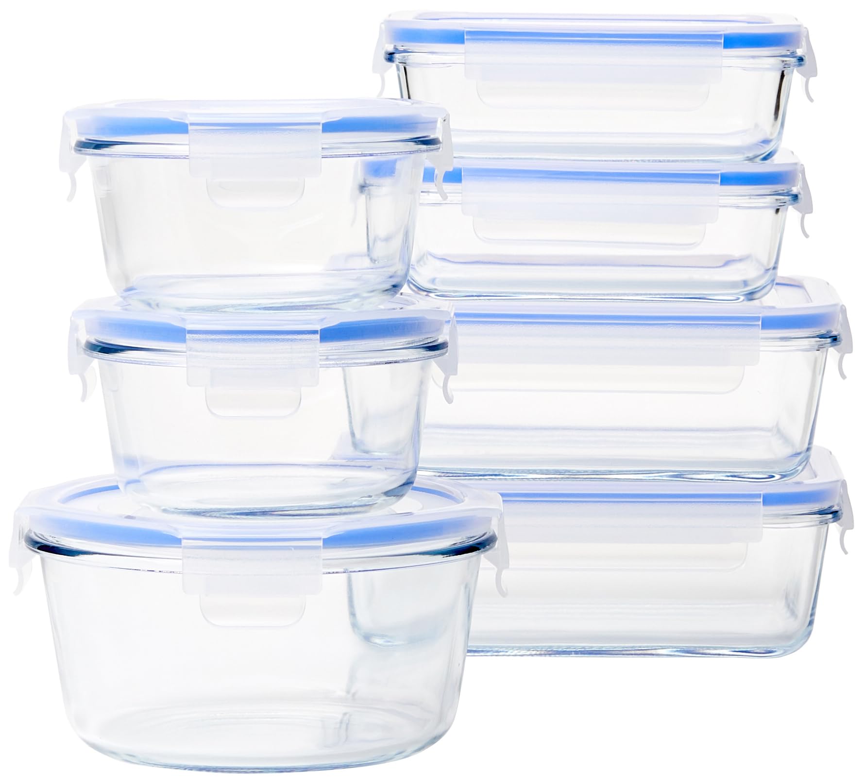 Amazon Basics Leak-Proof Glass Locking Lids Food Storage Containers, 14-Piece Set, 7 Count of Bases and 7 Plastic Lids, Clear, B