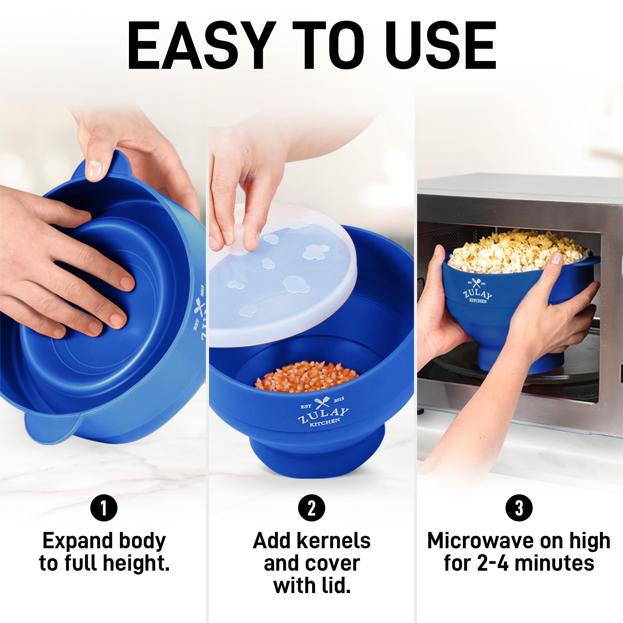 Zulay Kitchen Silicone Microwave Popcorn Maker - 15 Cup Capacity, Bold Blue, Collapsible Bowl with Lid