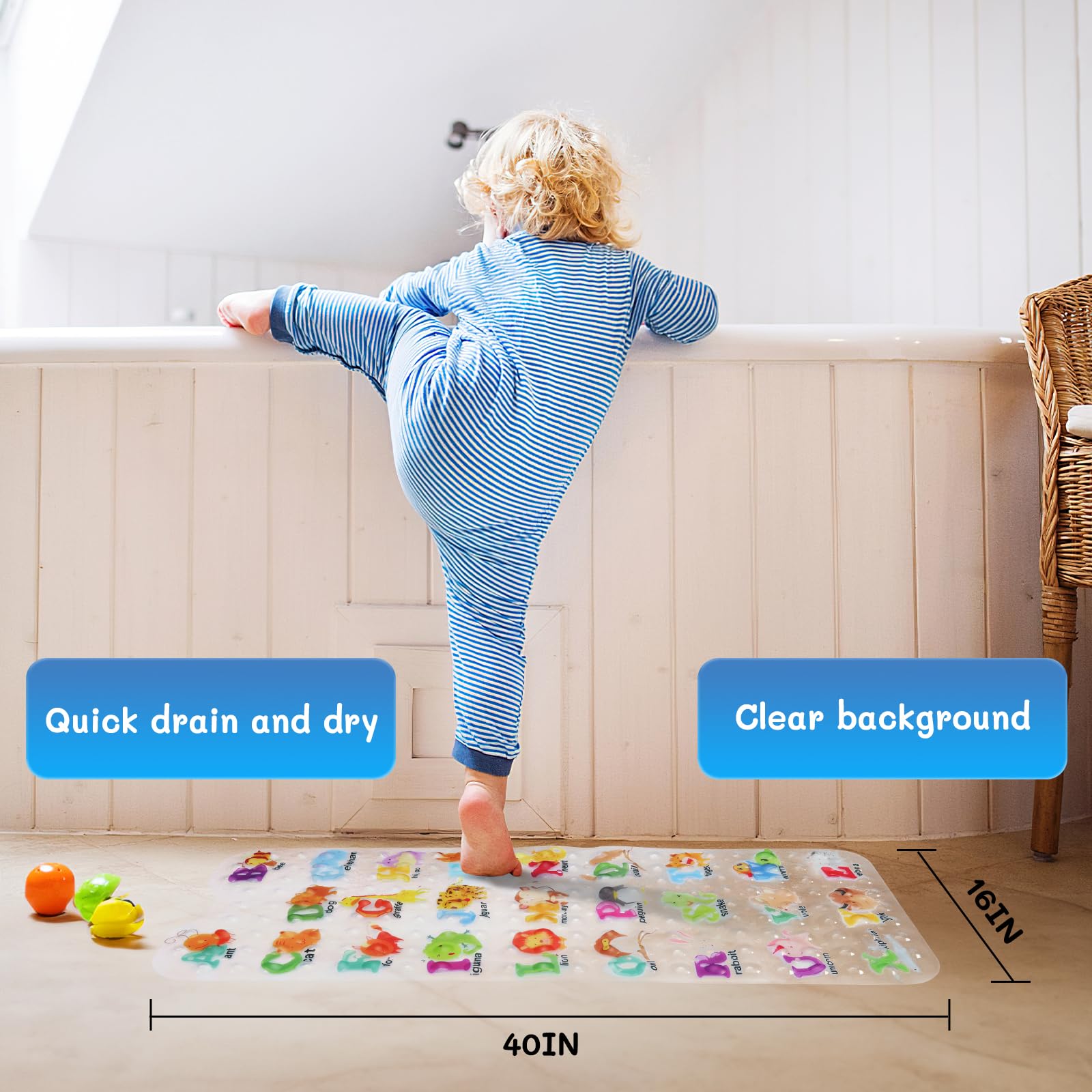 Baby Bath Mat For Tub For Kids, 40In X 16In Non Slip Cartoon Bath Tub Shower Mat Anti Slip With Drain Holes And Suction Cups Mac