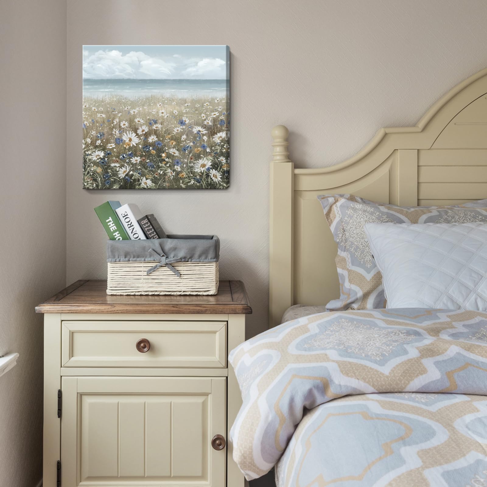 Canvas Wall Art Beach Floral Wall Picture Coastal Boho Farmhouse Daisy Flowers Nautical Sea Ocean Wildflowers Canvas Print Vinta