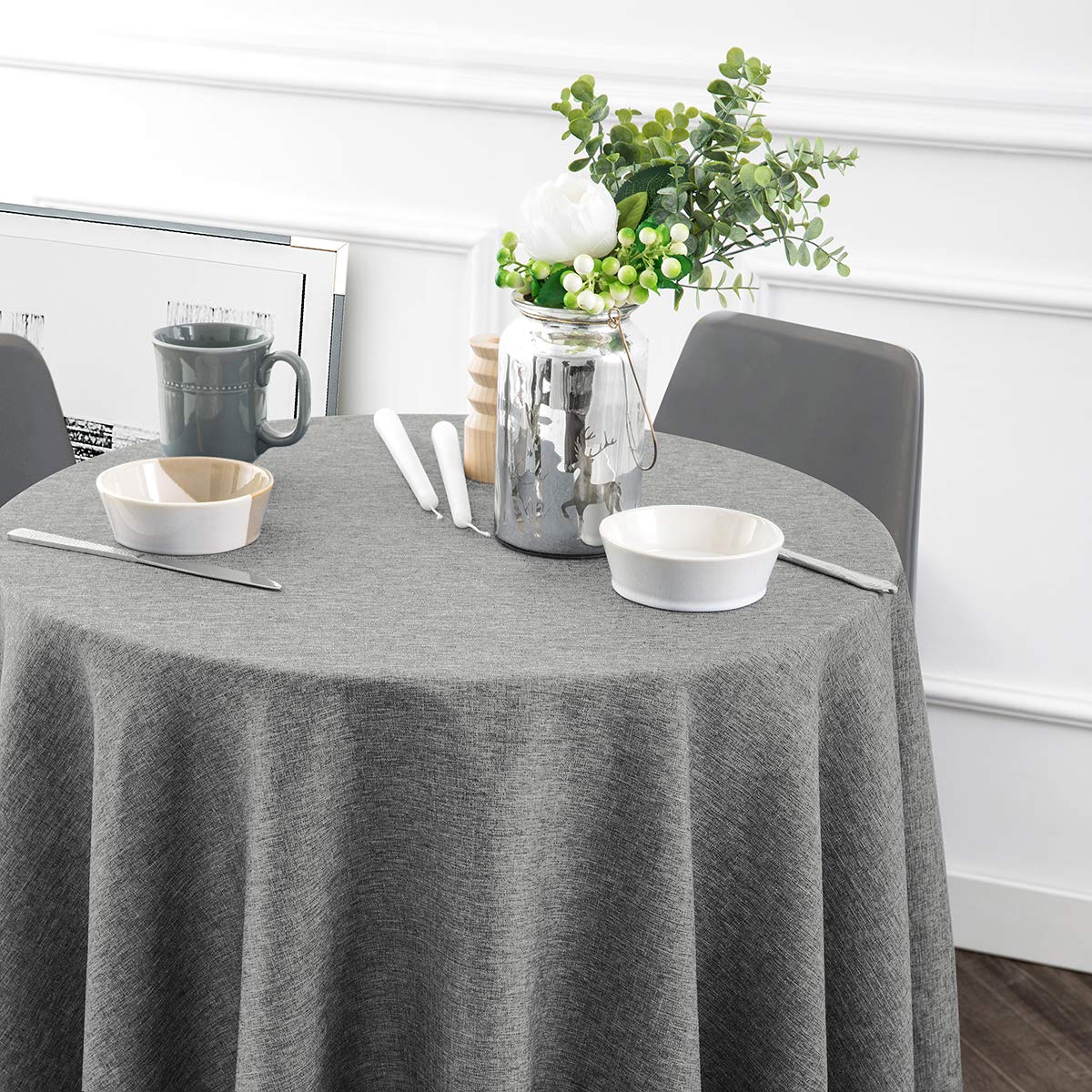 Jucfhy Pompom Tassel Round Table Cloth,Linen Solid Tablecloth Heavy Duty Fabric,Stain-Proof Water Resistant Washable Table Cloth