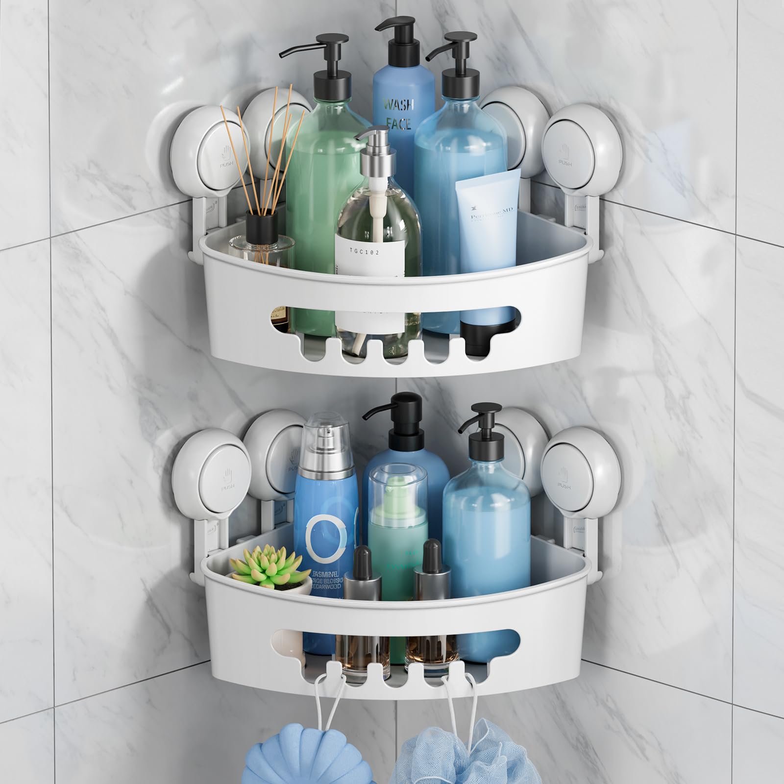 Taili Suction Corner Shower Caddy, Bathroom Shower Shelf Storage Basket Wall Mounted Organizer For Shampoo, Conditioner, Plastic