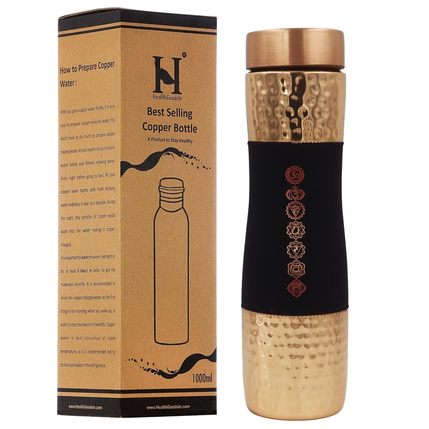 Pure Copper Water Bottle Wide Mouth, 1000 Ml Capacity (33.81 US Fl Oz) For Ayurveda Health Benefits (7 Chakras)