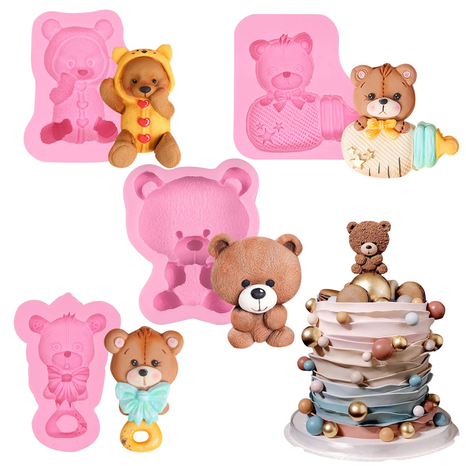 Ikojing Large Luxury Teddy Bear Fondant Silicone Molds, 4-Pack Baby Shower Party Cake Decorating Molds, Diy Chocolate Candy Baki