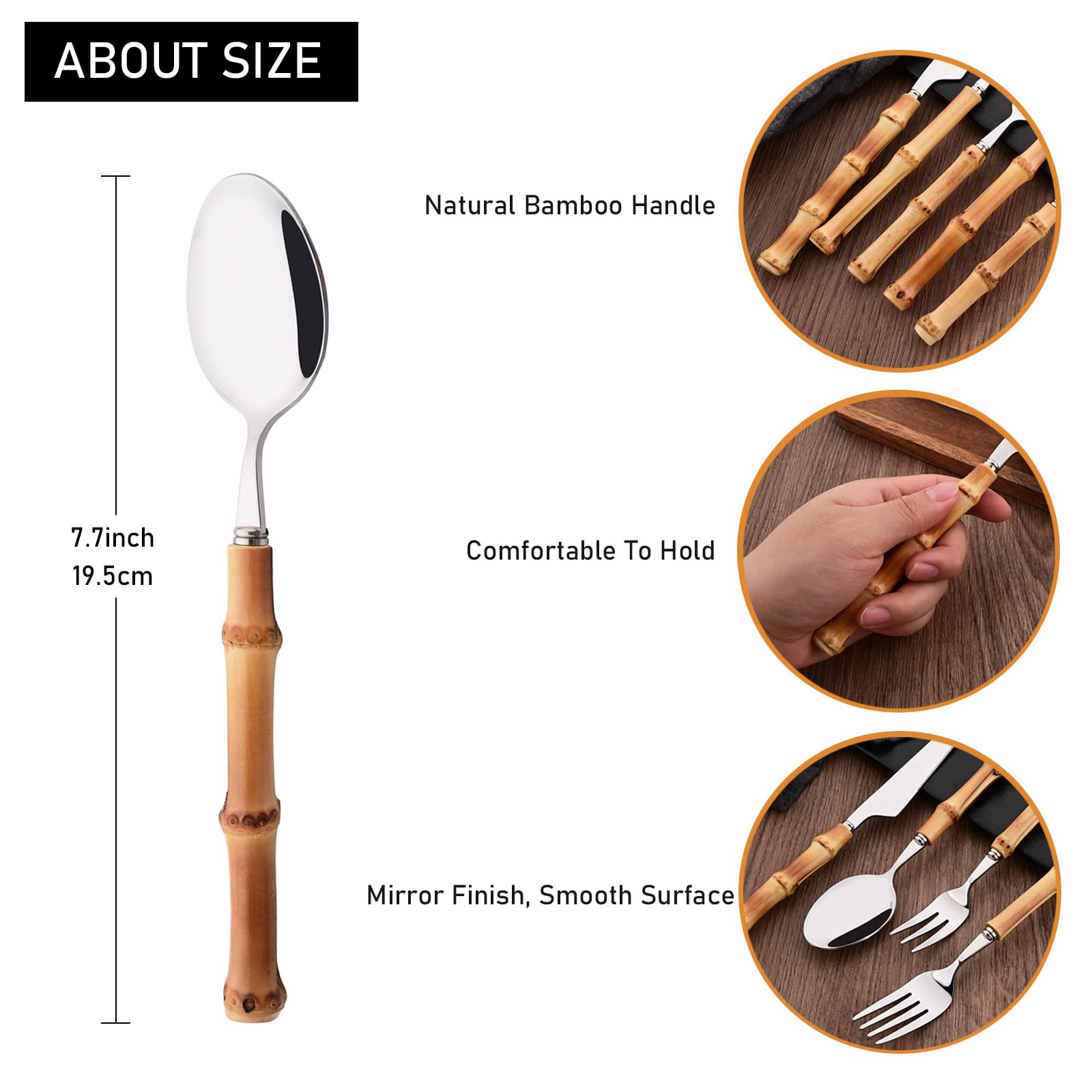 Uniturcky 8-Piece Natural Bamboo Dinner Spoon Set, Stainless Steel Spoons With Bamboo Handle For Home Kitchen Restaurant, Mirror